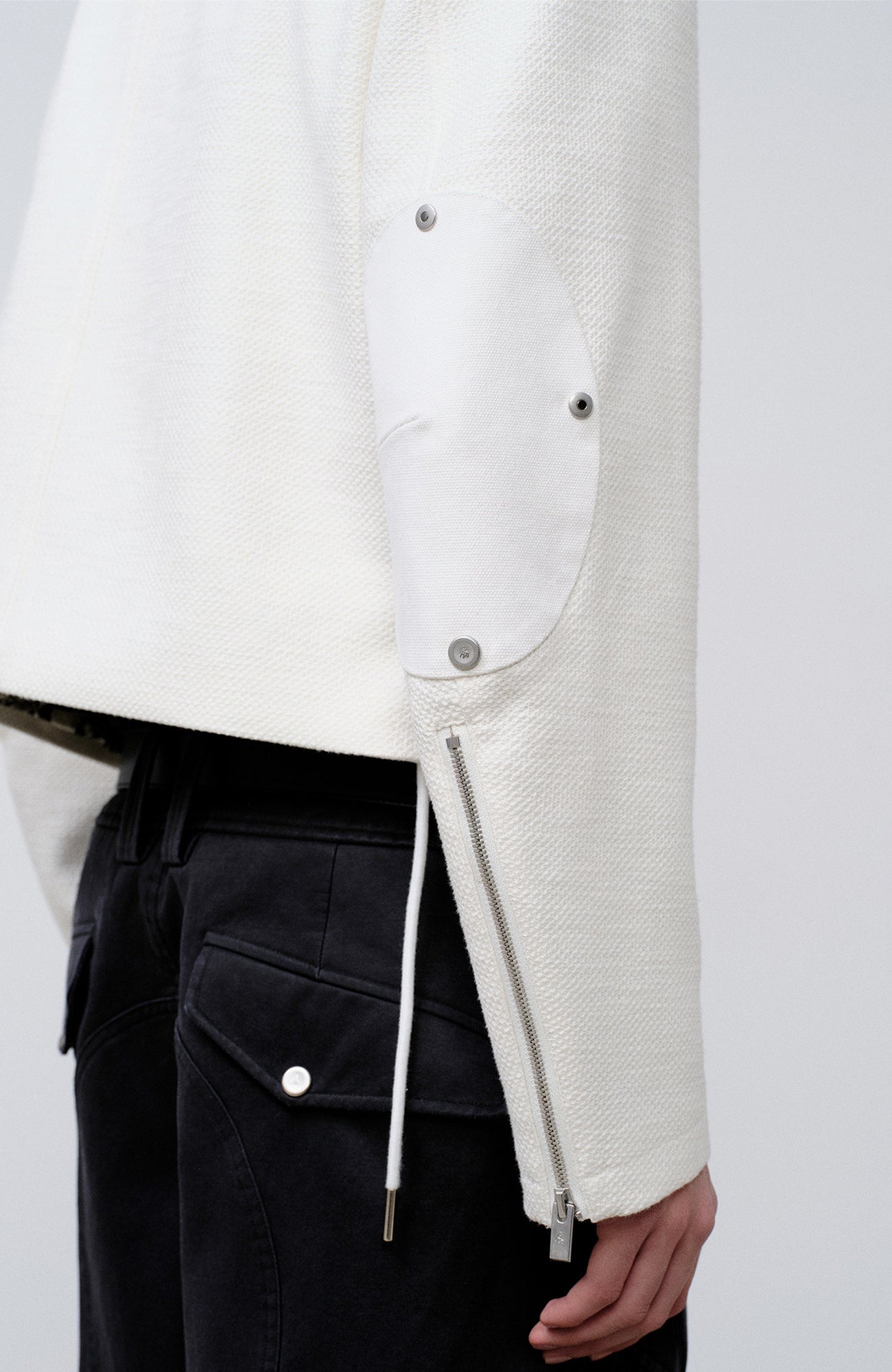 FACEONLAB Arm-Patched Cropped Naval Jacket White, premium urban and streetwear designers apparel on PROJECTISR.com, FACEONLAB