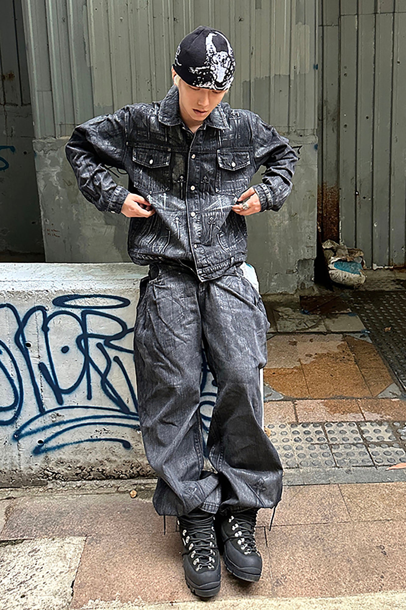 RECOVER ZONE Waxed Faded Wash Oversized Denim Pants, premium urban and streetwear designers apparel on PROJECTISR.com, RECOVER ZONE