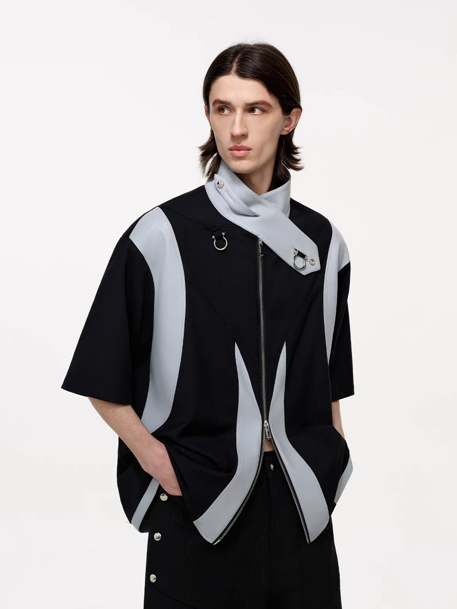 TIWILLTANG Layered-Collar Contrast-Panel Zip-Up Half Shirt, premium urban and streetwear designers apparel on PROJECTISR.com, TIWILLTANG