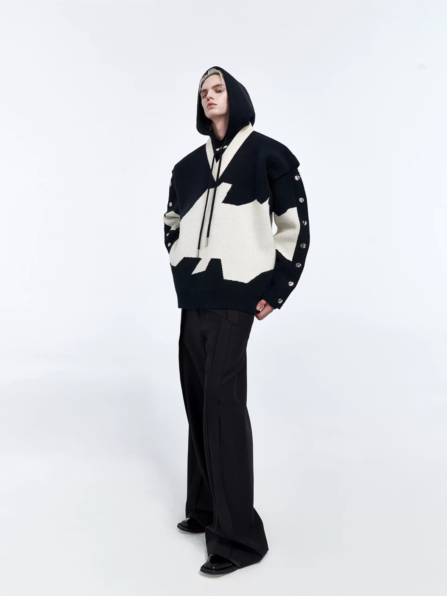 TIWILLTANG Contrast Layered Snap-Sleeves Knit Hoodie, premium urban and streetwear designers apparel on PROJECTISR.com, TIWILLTANG