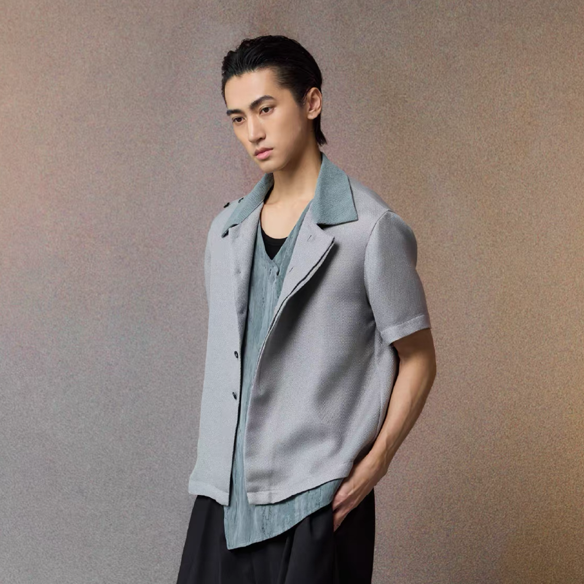 ALVNG AR ANTS Asymmetrical Contrast Spliced Linen Half Shirt, premium urban and streetwear designers apparel on PROJECTISR.com, ALVNG AR ANTS