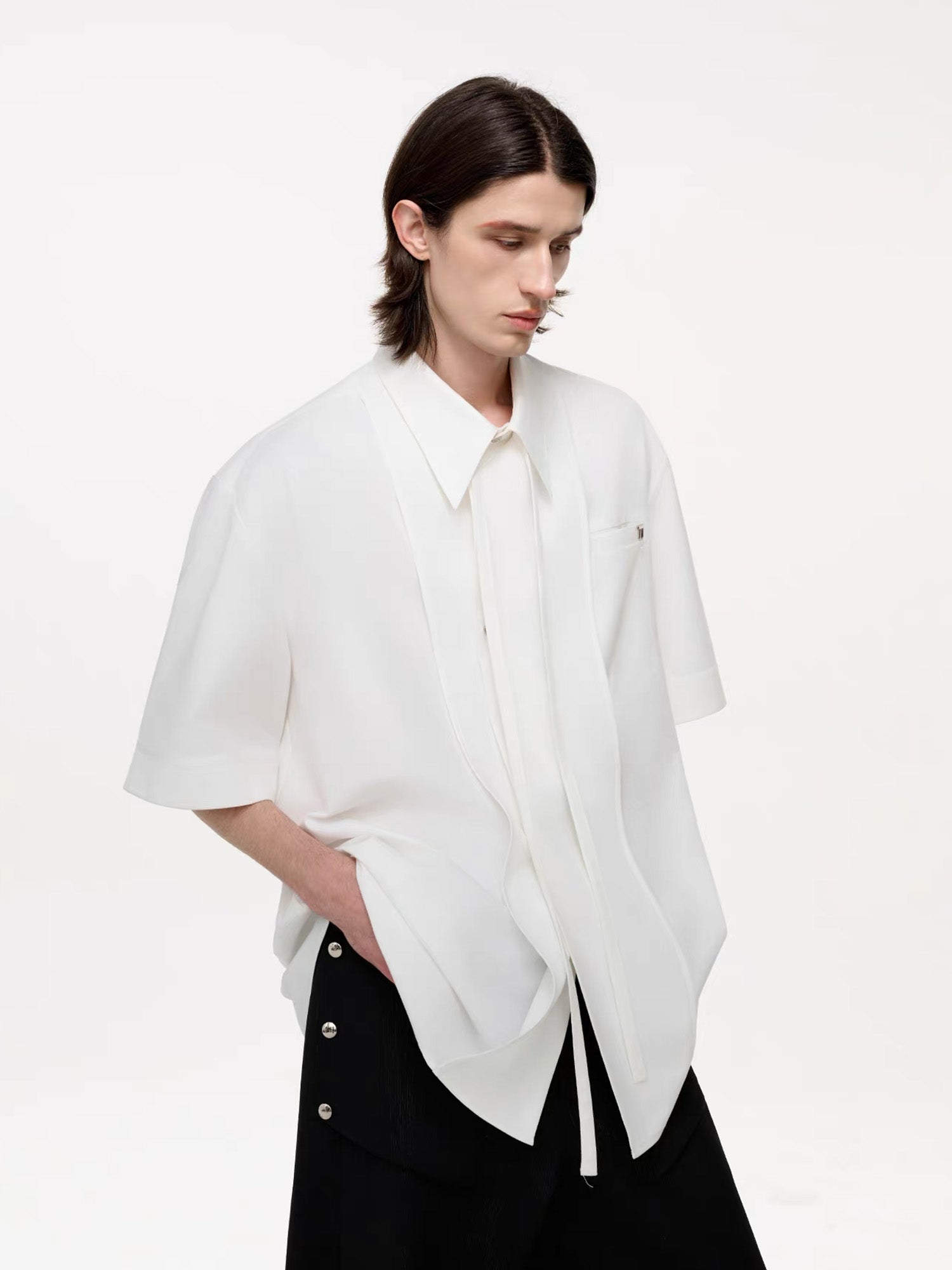 TIWILLTANG Draped Camp-Collar T Shirt, premium urban and streetwear designers apparel on PROJECTISR.com, TIWILLTANG