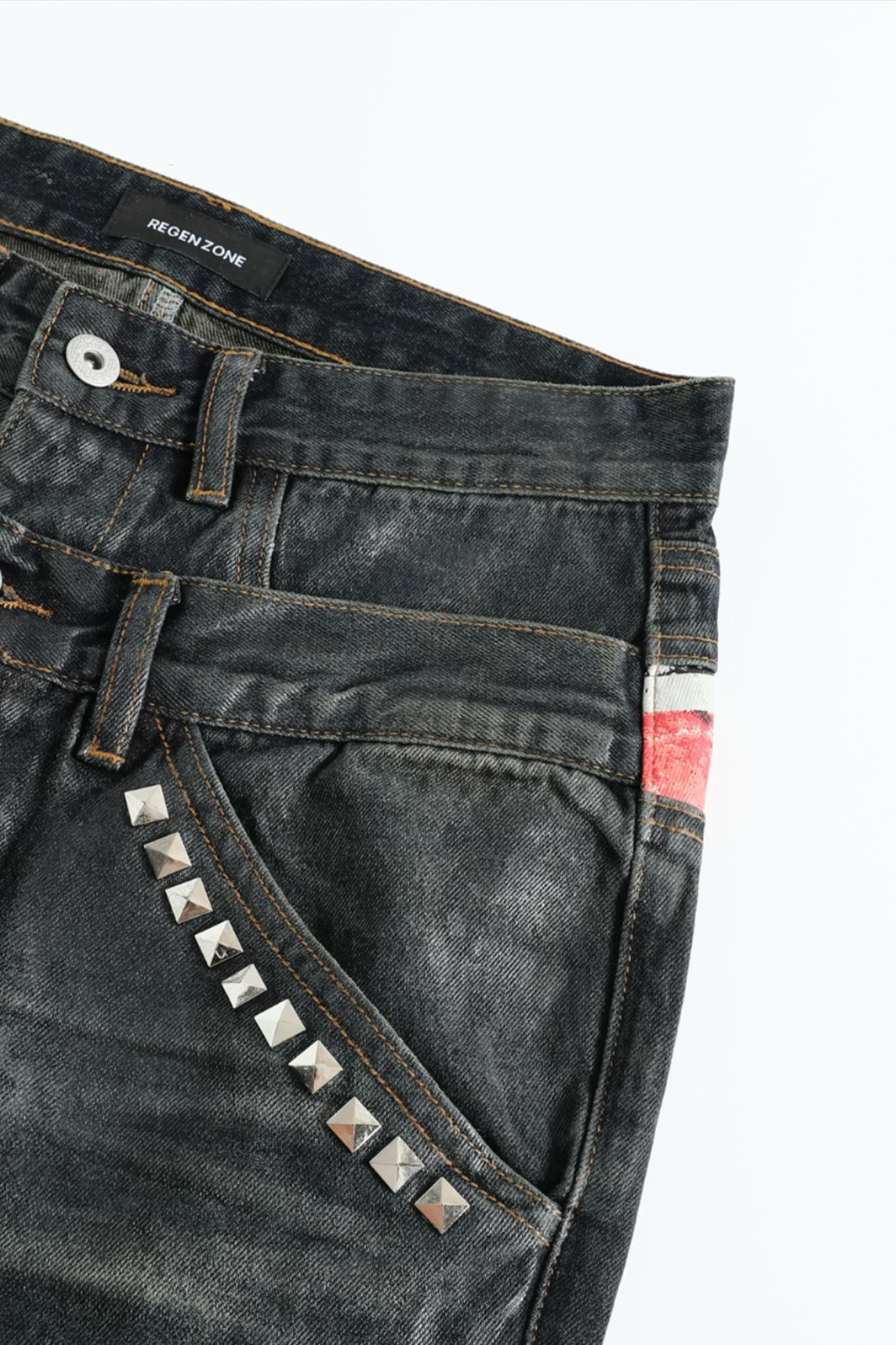 REGEN ZONE Flag Wax-Brushed Studded Double-Waist Jeans