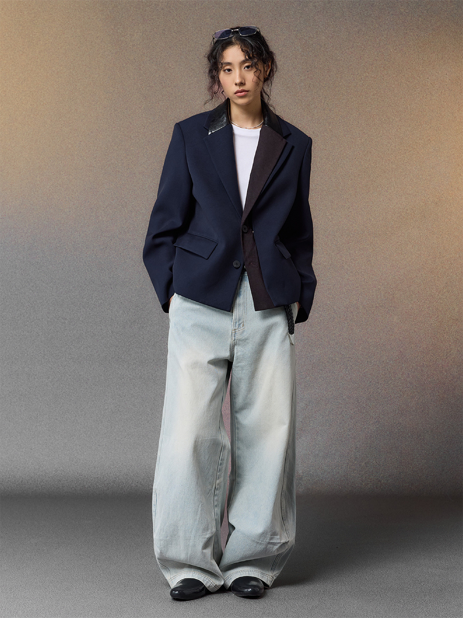 ALVNG AR ANTS Contrast PU-Panel Layered-Placket Blazer, premium urban and streetwear designers apparel on PROJECTISR.com, ALVNG AR ANTS