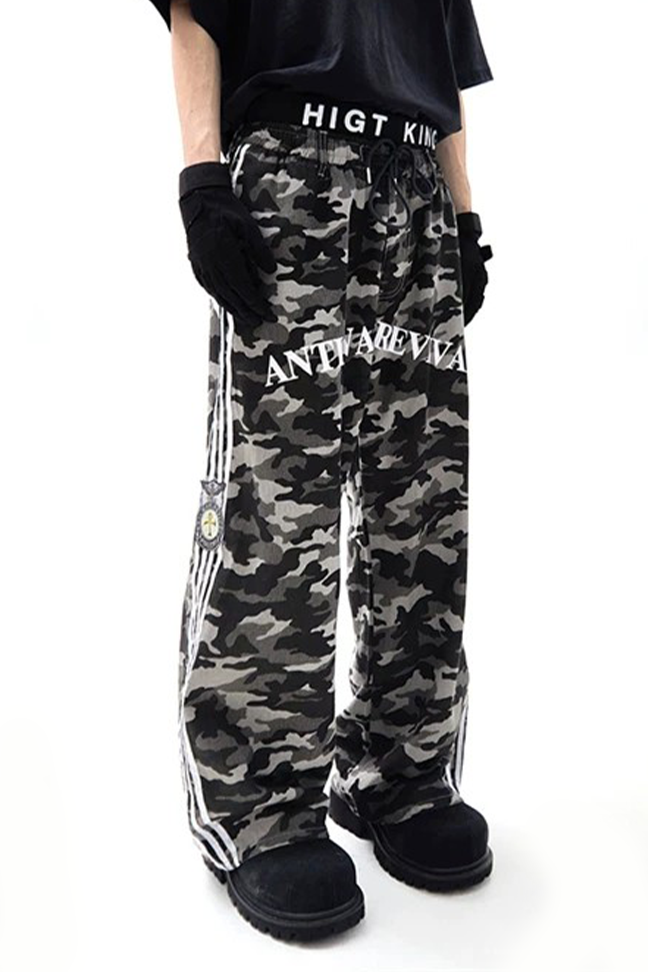 ANTI WAR REVIVAL Camo Spliced Embroidered Badge Wide-Leg Pants