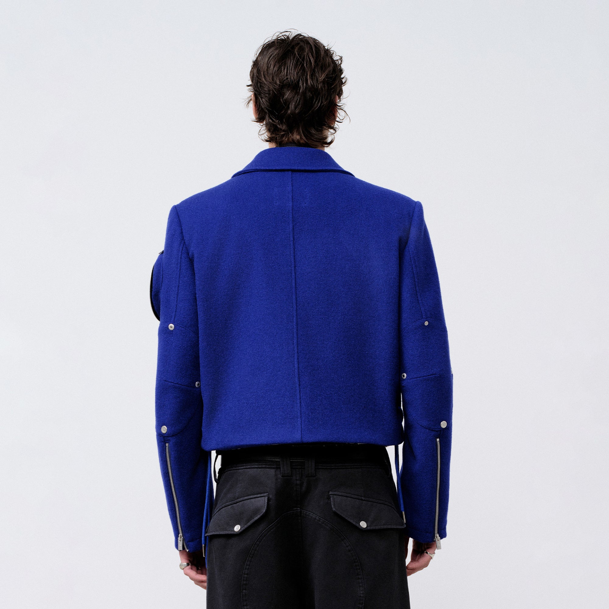 FACEONLAB Arm-Patched Cropped Naval Jacket Blue, premium urban and streetwear designers apparel on PROJECTISR.com, FACEONLAB