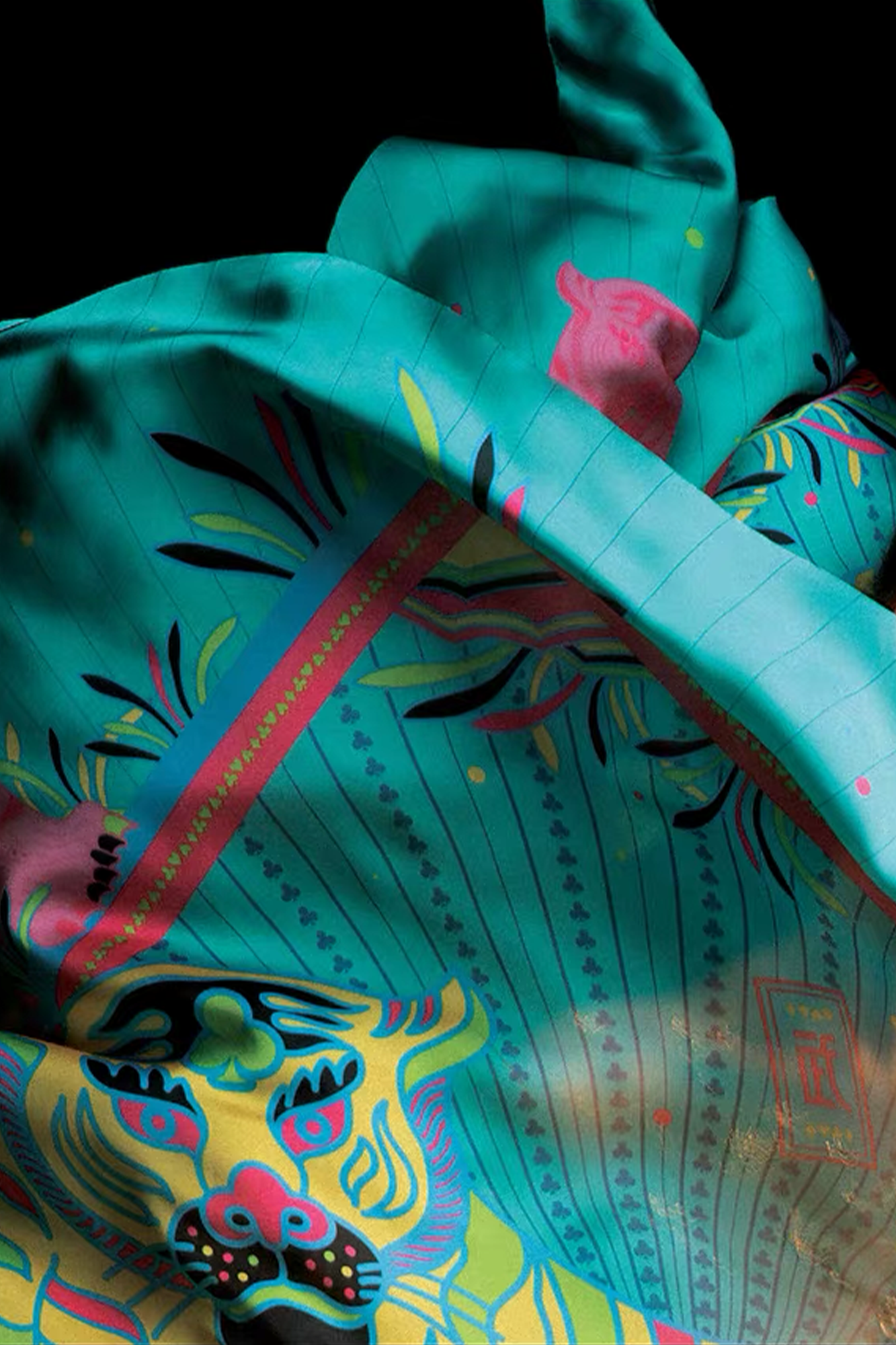 MASH UP ASIA Multicolor Tiger Sunburst Full-Print Square Scarf, premium urban and streetwear designers apparel on PROJECTISR.com, MASH UP ASIA