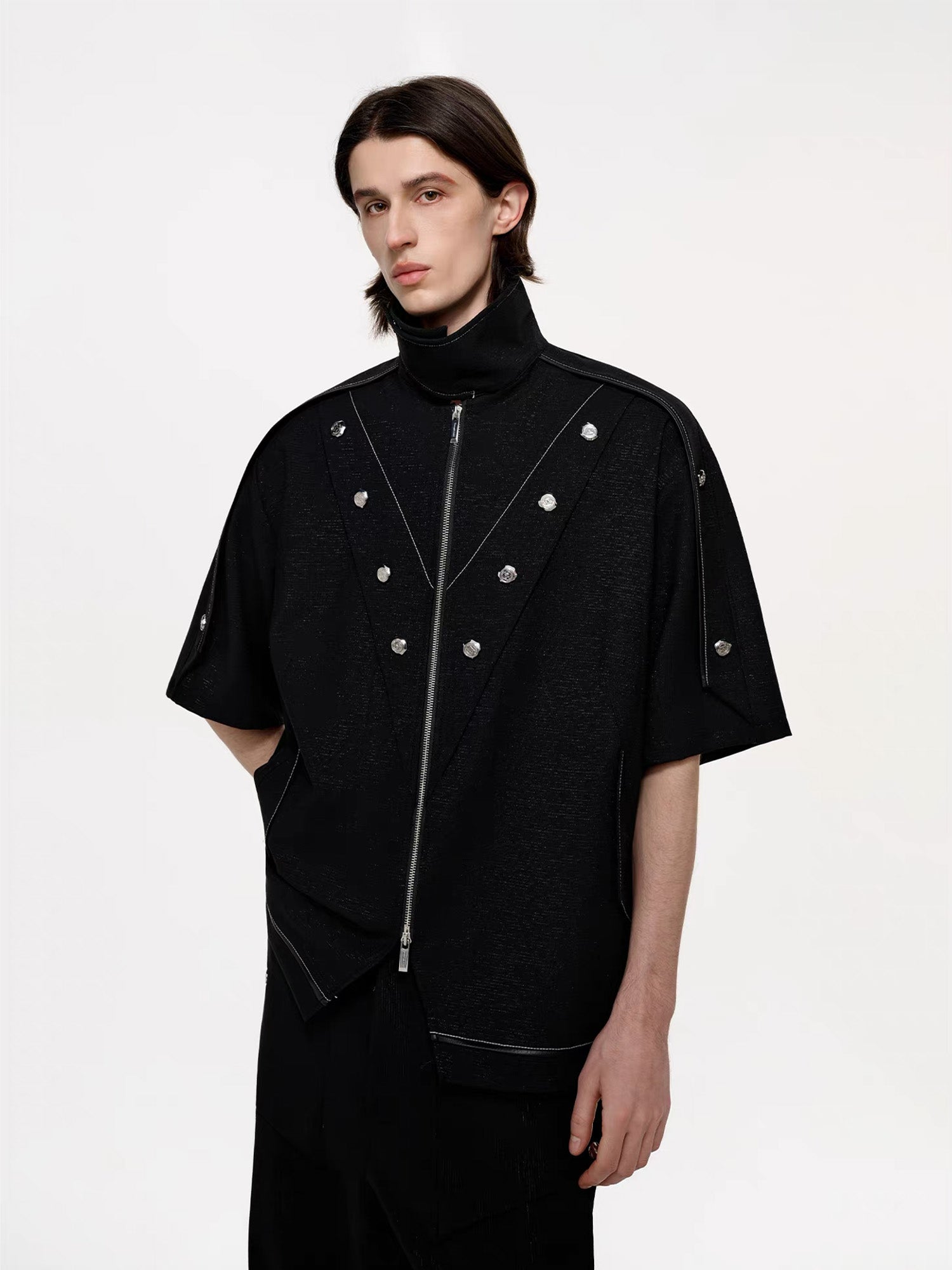 TIWILLTANG Studded Trim Zip-Up Half Shirt, premium urban and streetwear designers apparel on PROJECTISR.com, TIWILLTANG