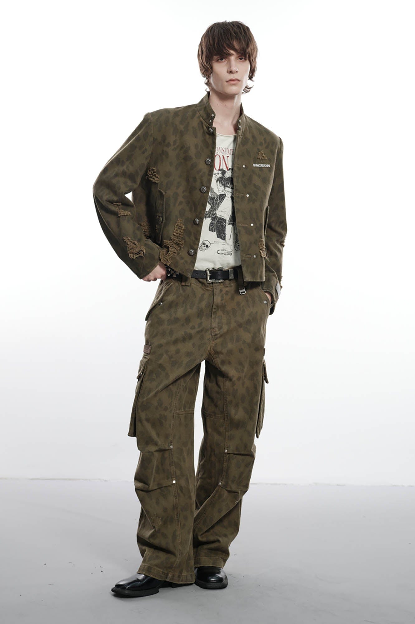 FACEONLAB Camo Leopard Pleated Straight-Leg Cargo Pants, premium urban and streetwear designers apparel on PROJECTISR.com, FACEONLAB