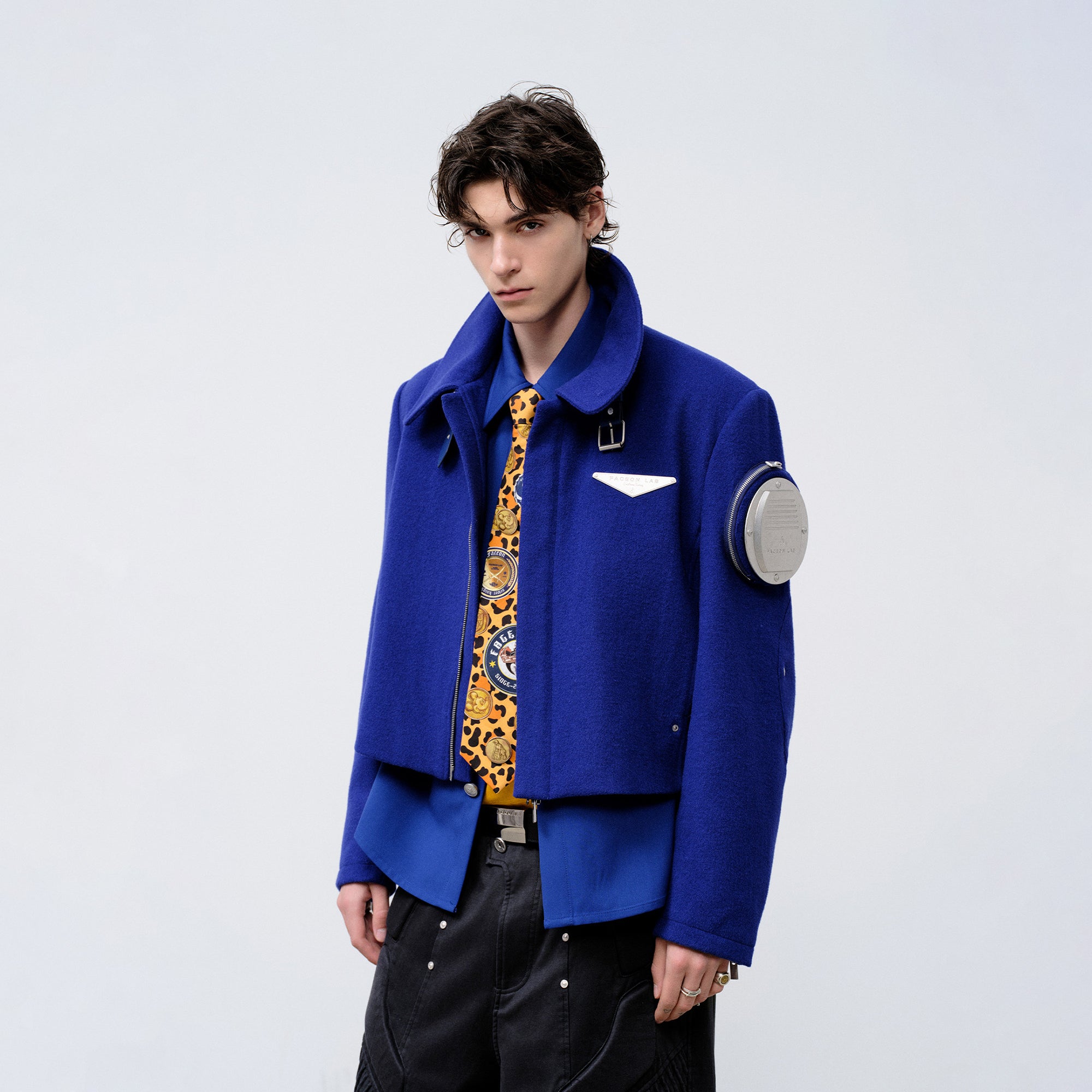 FACEONLAB Arm-Patched Cropped Naval Jacket Blue, premium urban and streetwear designers apparel on PROJECTISR.com, FACEONLAB