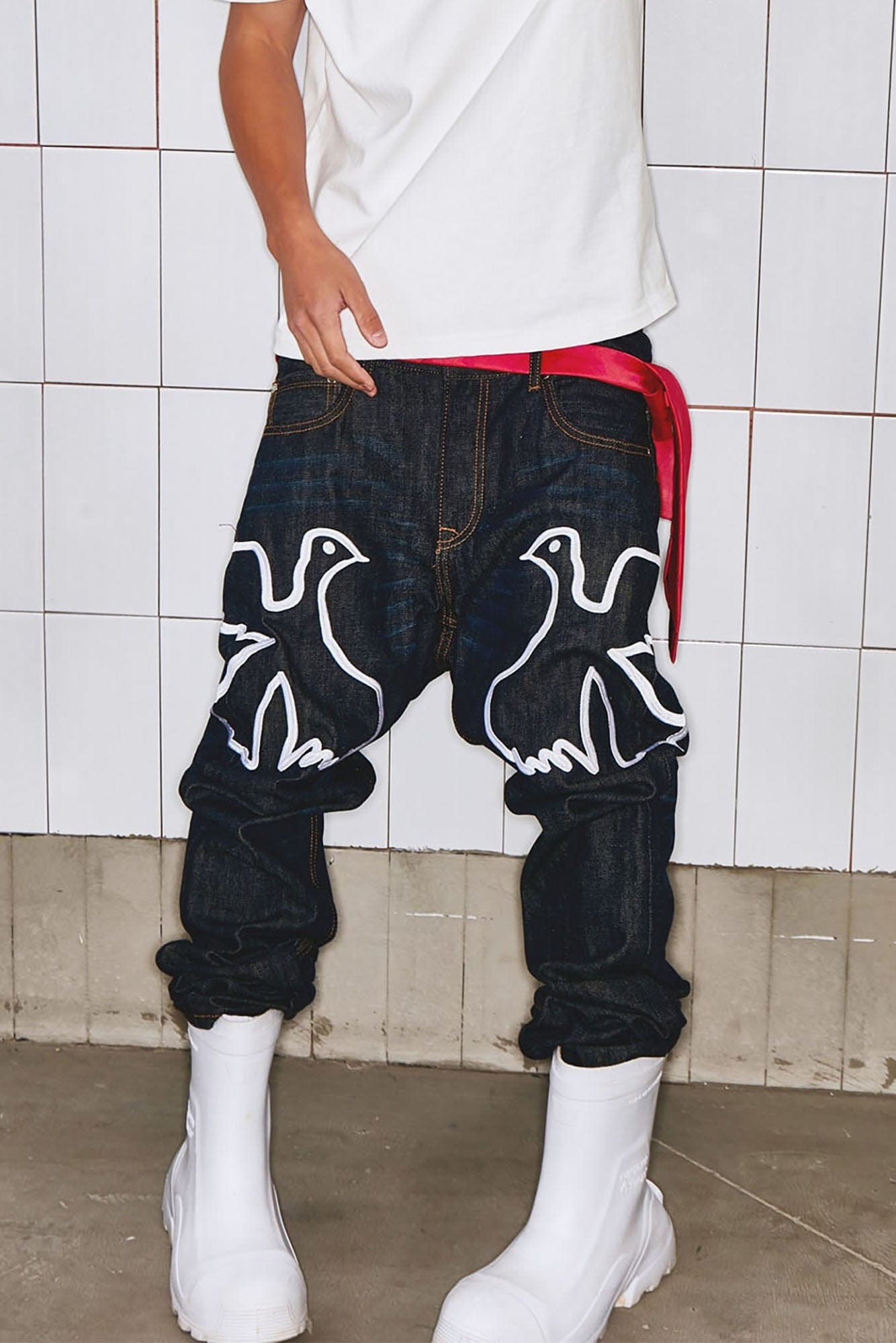 VINKID Peace Dove Embroidery Raw Jeans, premium urban and streetwear designers apparel on PROJECTISR.com, VINKID