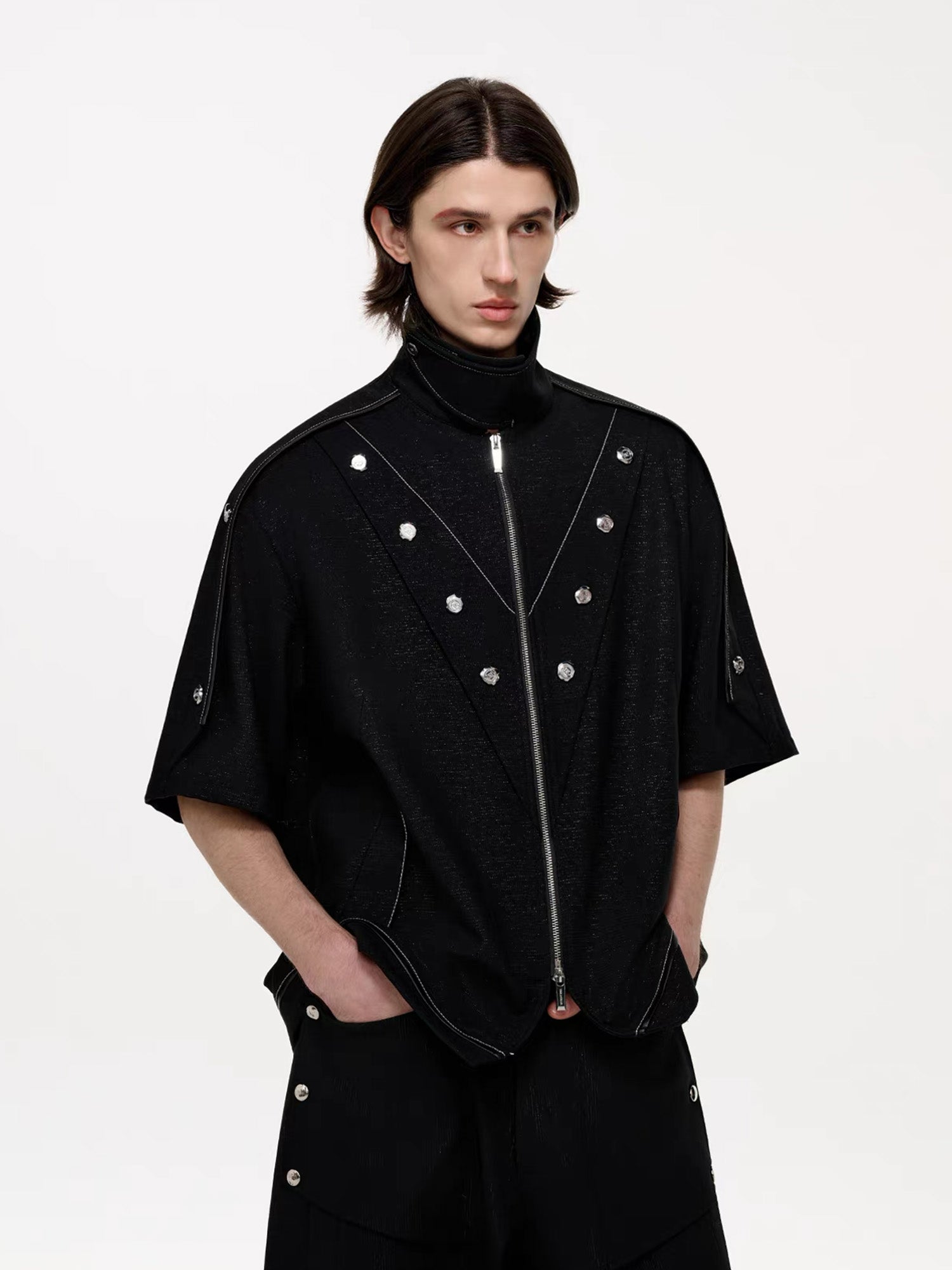 TIWILLTANG Studded Trim Zip-Up Half Shirt, premium urban and streetwear designers apparel on PROJECTISR.com, TIWILLTANG