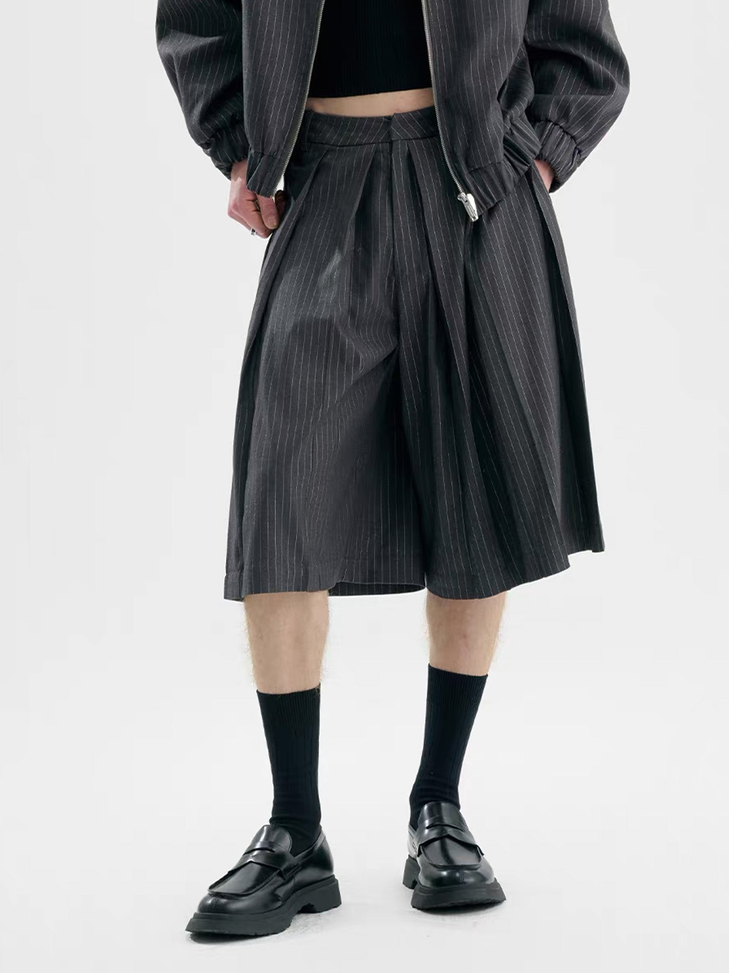 TIWILLTANG Pleated Pinstripe Skirt Shorts, premium urban and streetwear designers apparel on PROJECTISR.com, TIWILLTANG