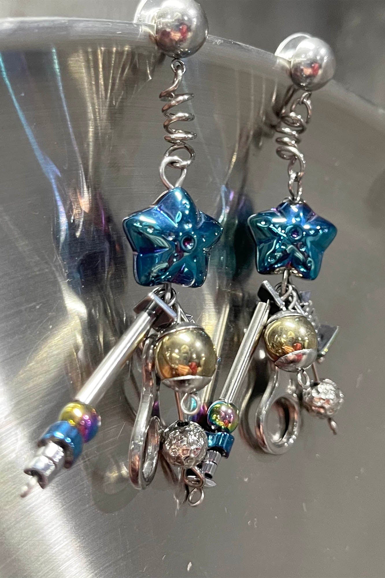 ILLUSORY Space Odyssey Industrial Drop Earrings/ Ear Clip Blue, premium urban and streetwear designers apparel on PROJECTISR.com, ILLUSORY