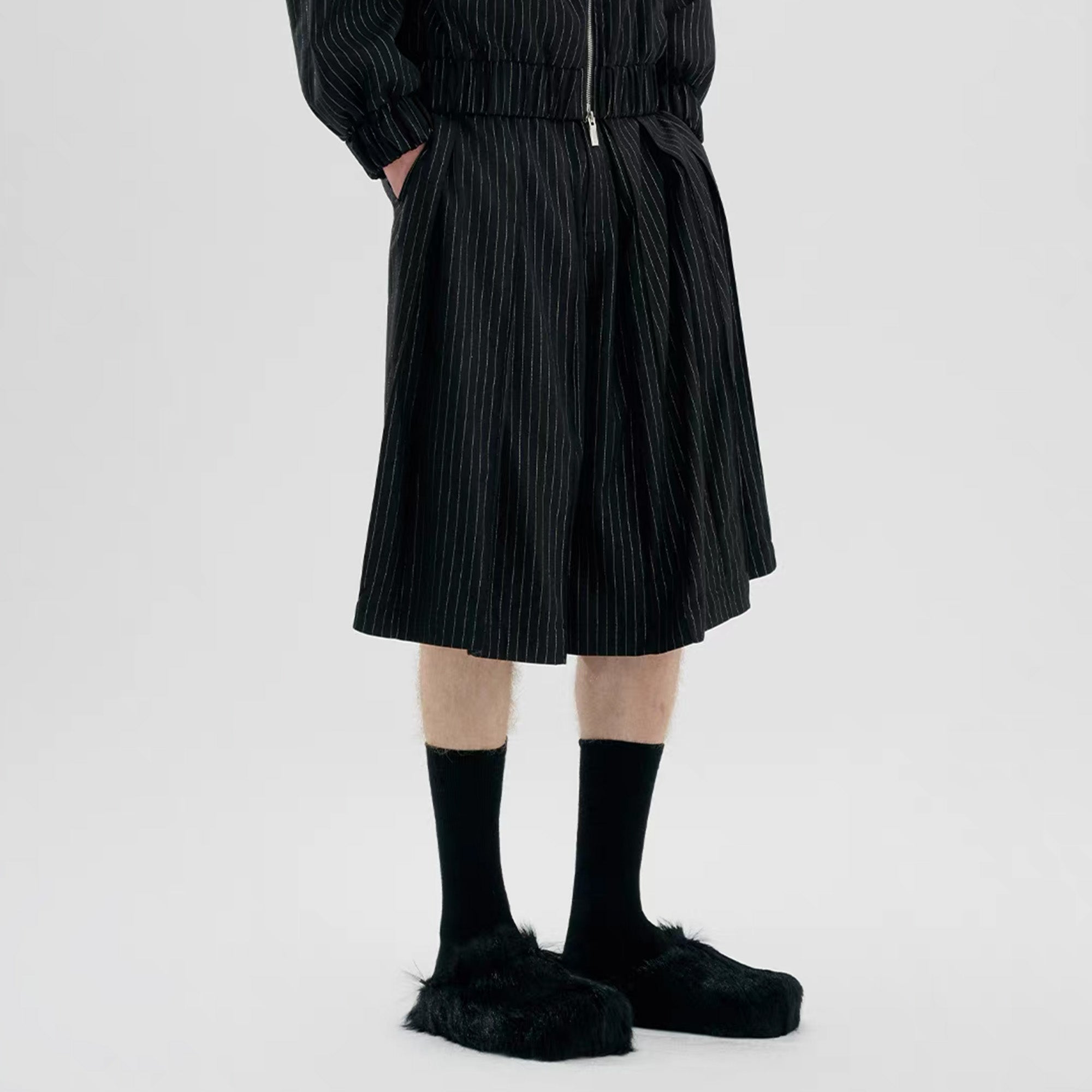 TIWILLTANG Pleated Pinstripe Skirt Shorts, premium urban and streetwear designers apparel on PROJECTISR.com, TIWILLTANG