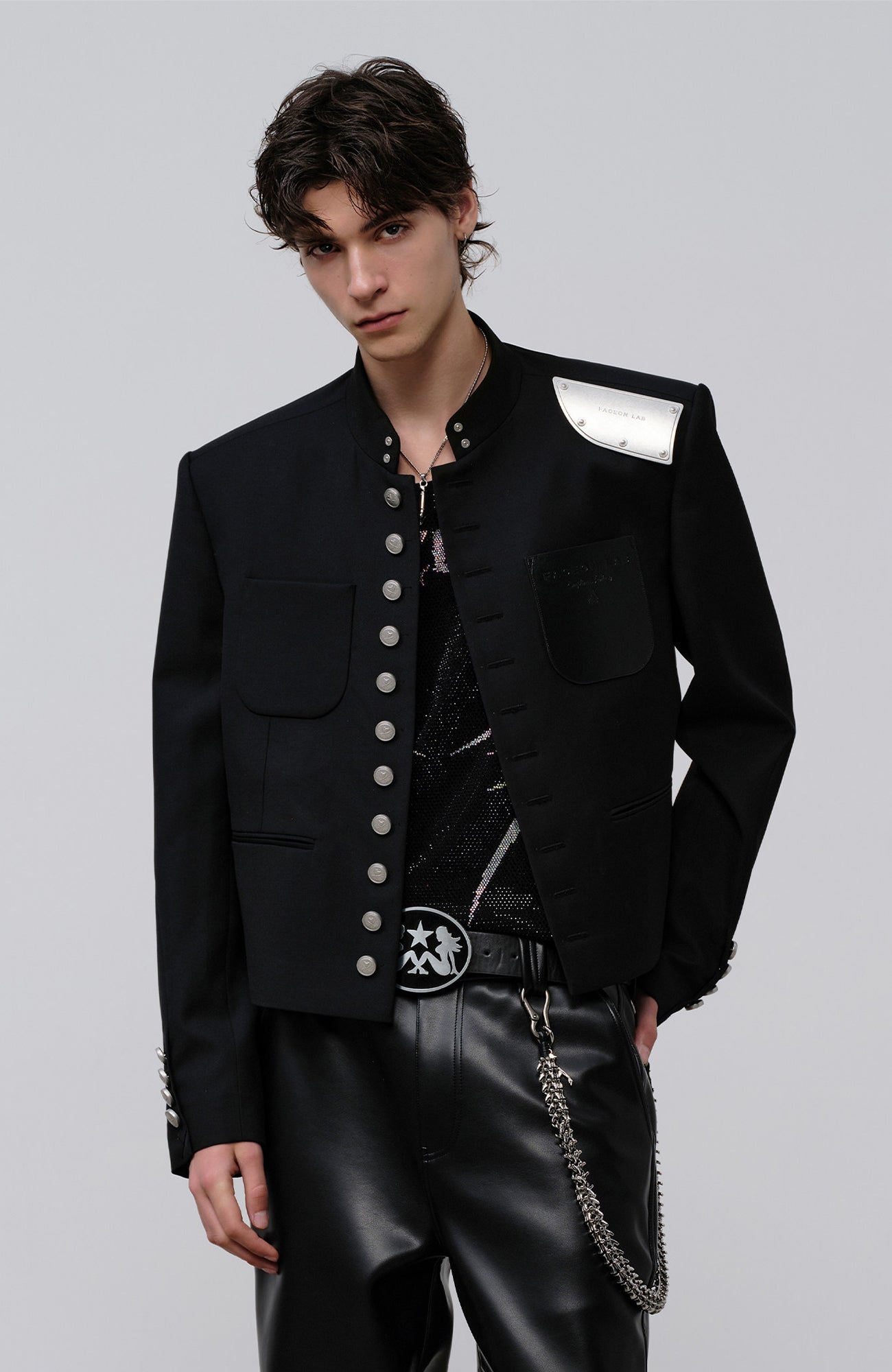FACEONLAB Stand-Collar Metal-Shoulder Blazer Black, premium urban and streetwear designers apparel on PROJECTISR.com, FACEONLAB