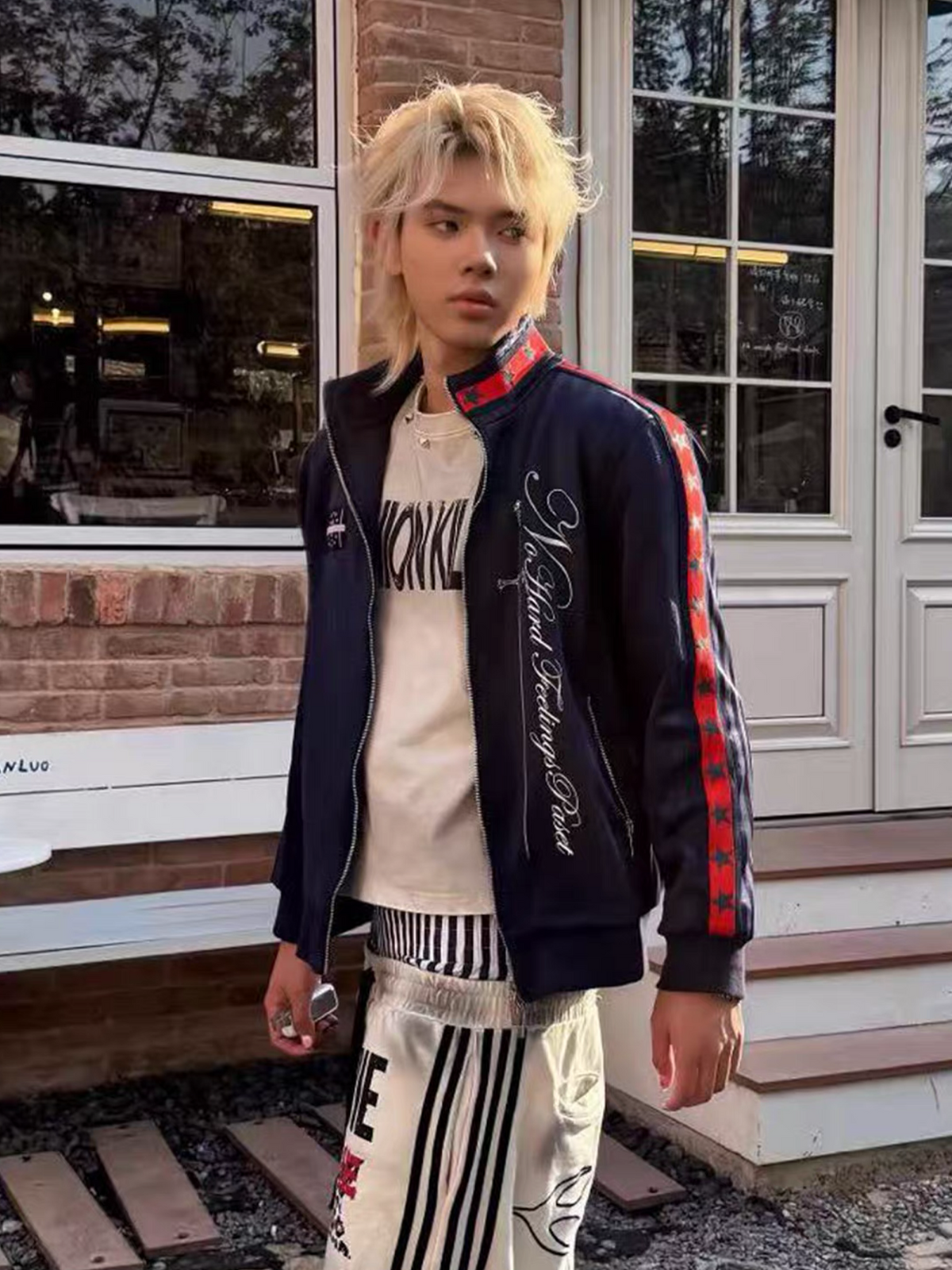 PASET Striped Star-Graphic Spliced Stand-Collar Zip Jacket