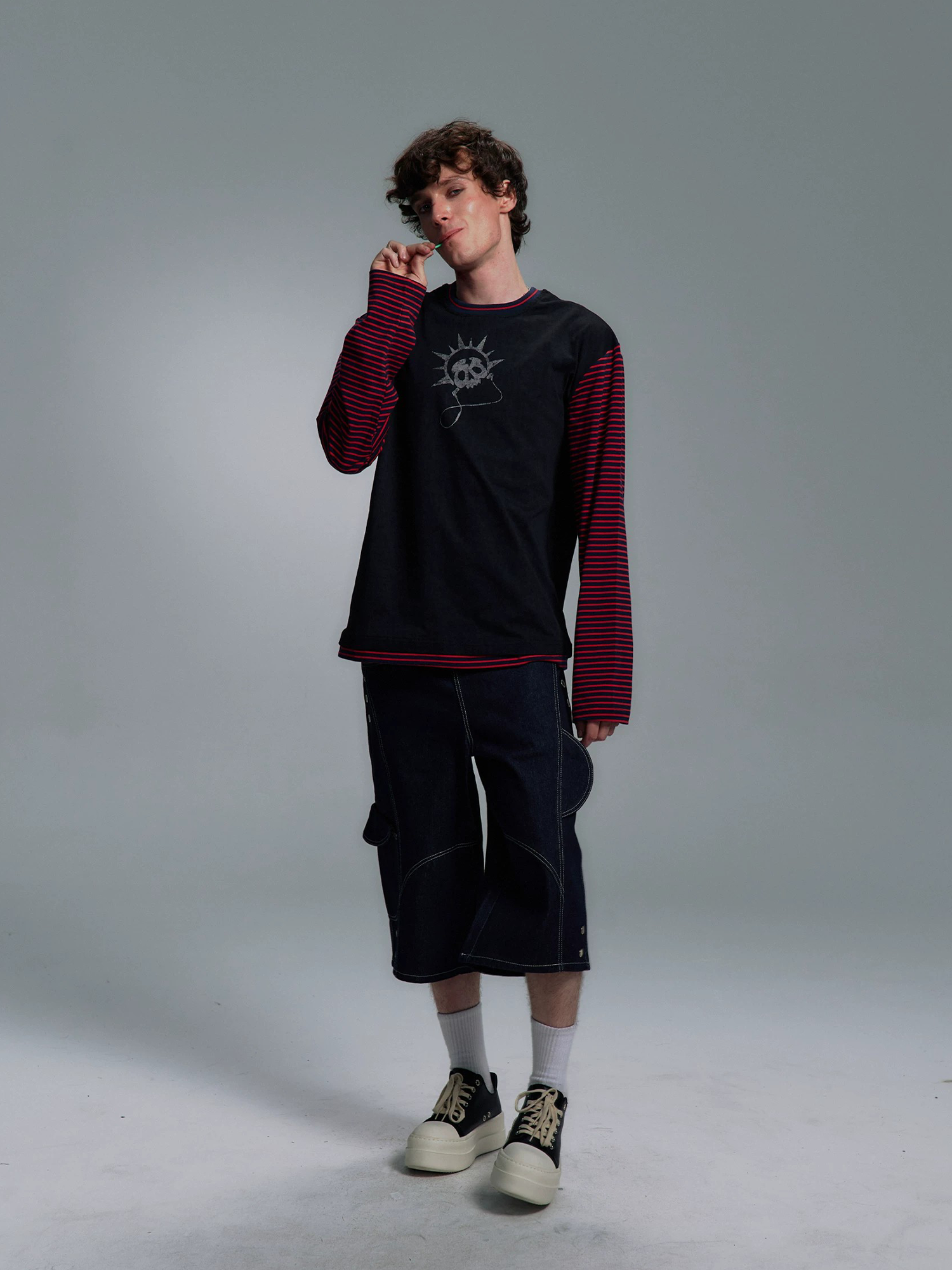 PAIKI Retro Double-Waist Contrast Stitch Cargo Shorts