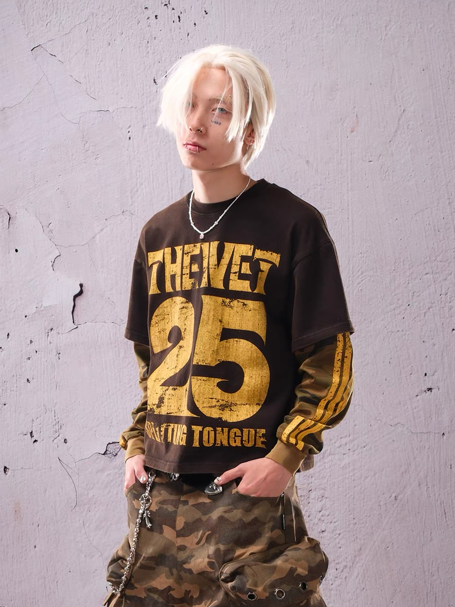THEWET Camo Washed Layered Long-Sleeve Tee