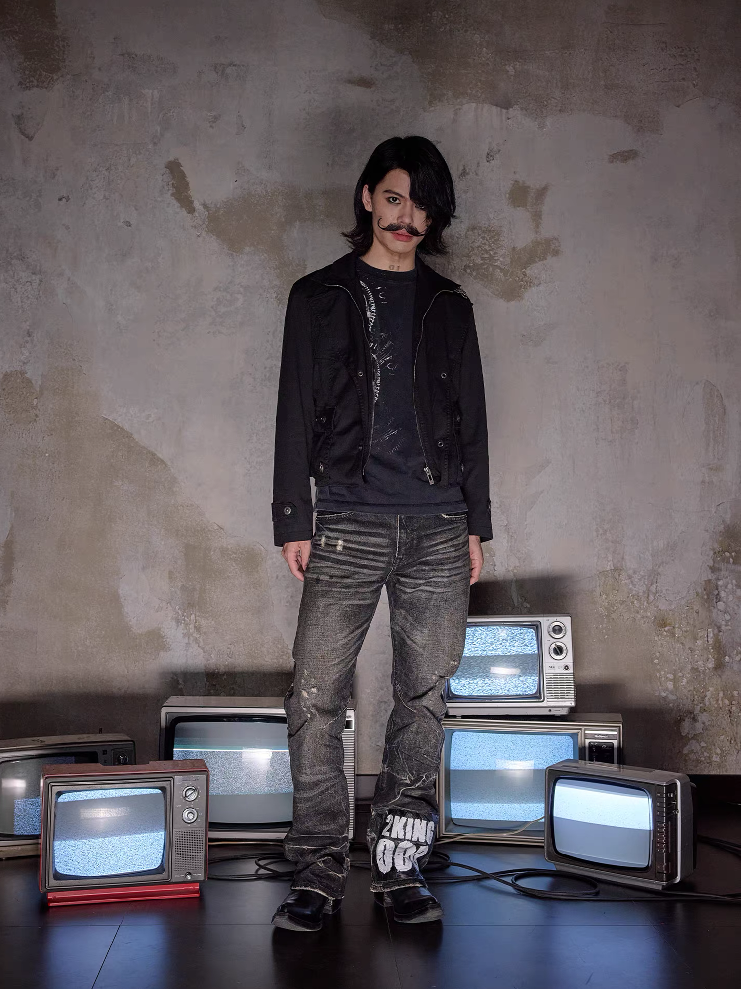 NOTHINGNESS WORLD Distressed Ripple-Wash Graphic Denim Pants, premium urban and streetwear designers apparel on PROJECTISR.com, NOTHINGNESS WORLD