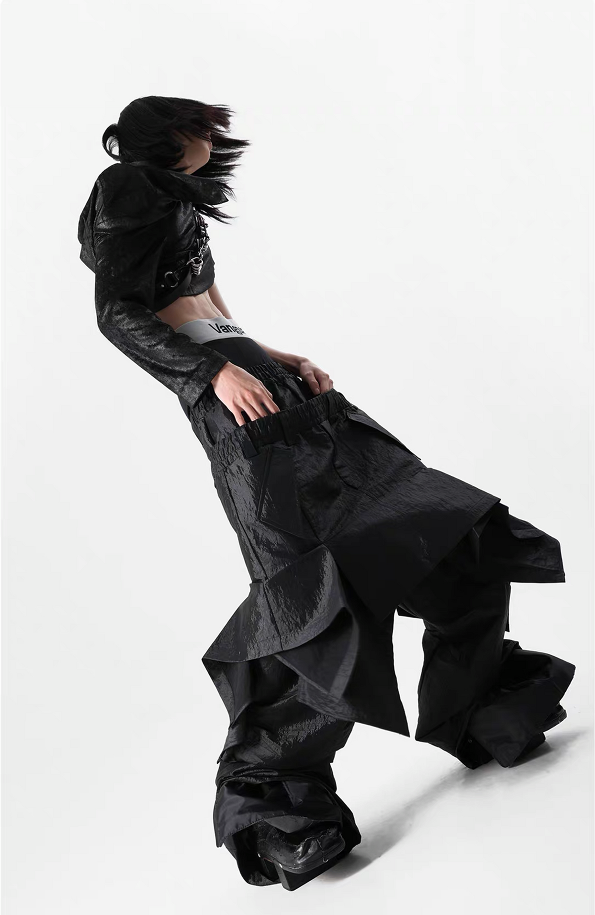 VANGUARDIA Liquid Metal Layered-Waist Skirt Pants