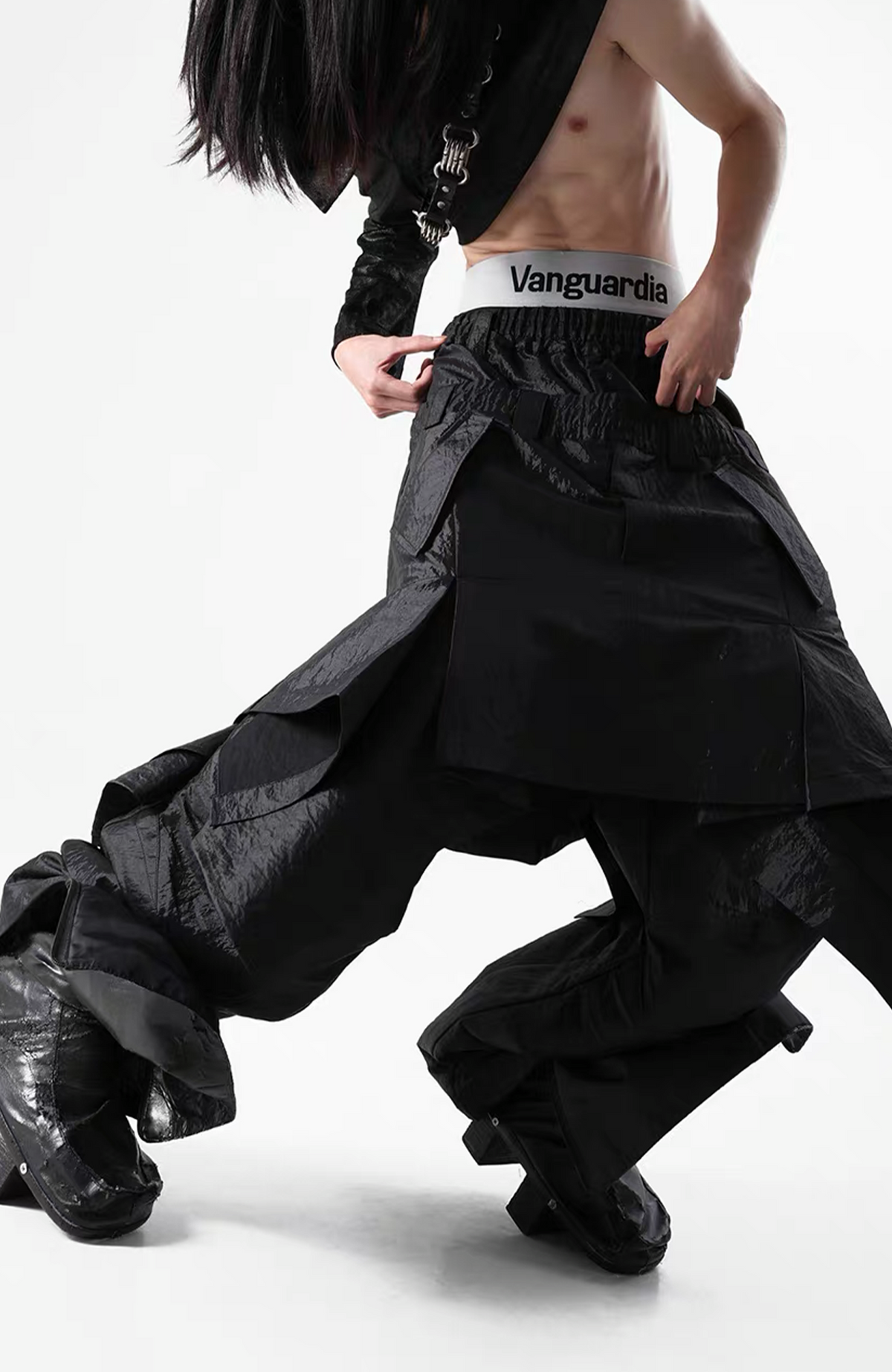 VANGUARDIA Liquid Metal Layered-Waist Skirt Pants