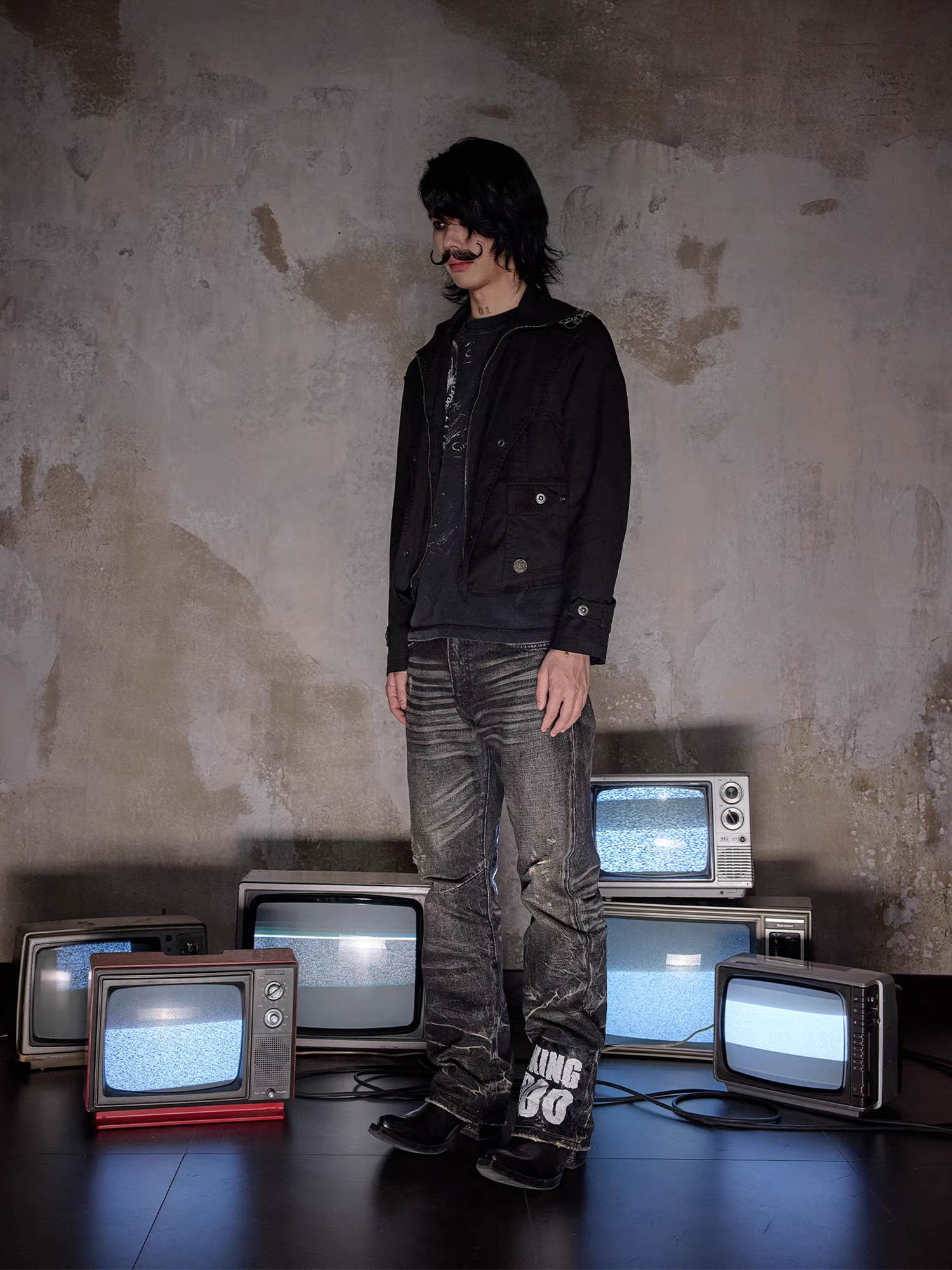 NOTHINGNESS WORLD Distressed Ripple-Wash Graphic Denim Pants, premium urban and streetwear designers apparel on PROJECTISR.com, NOTHINGNESS WORLD