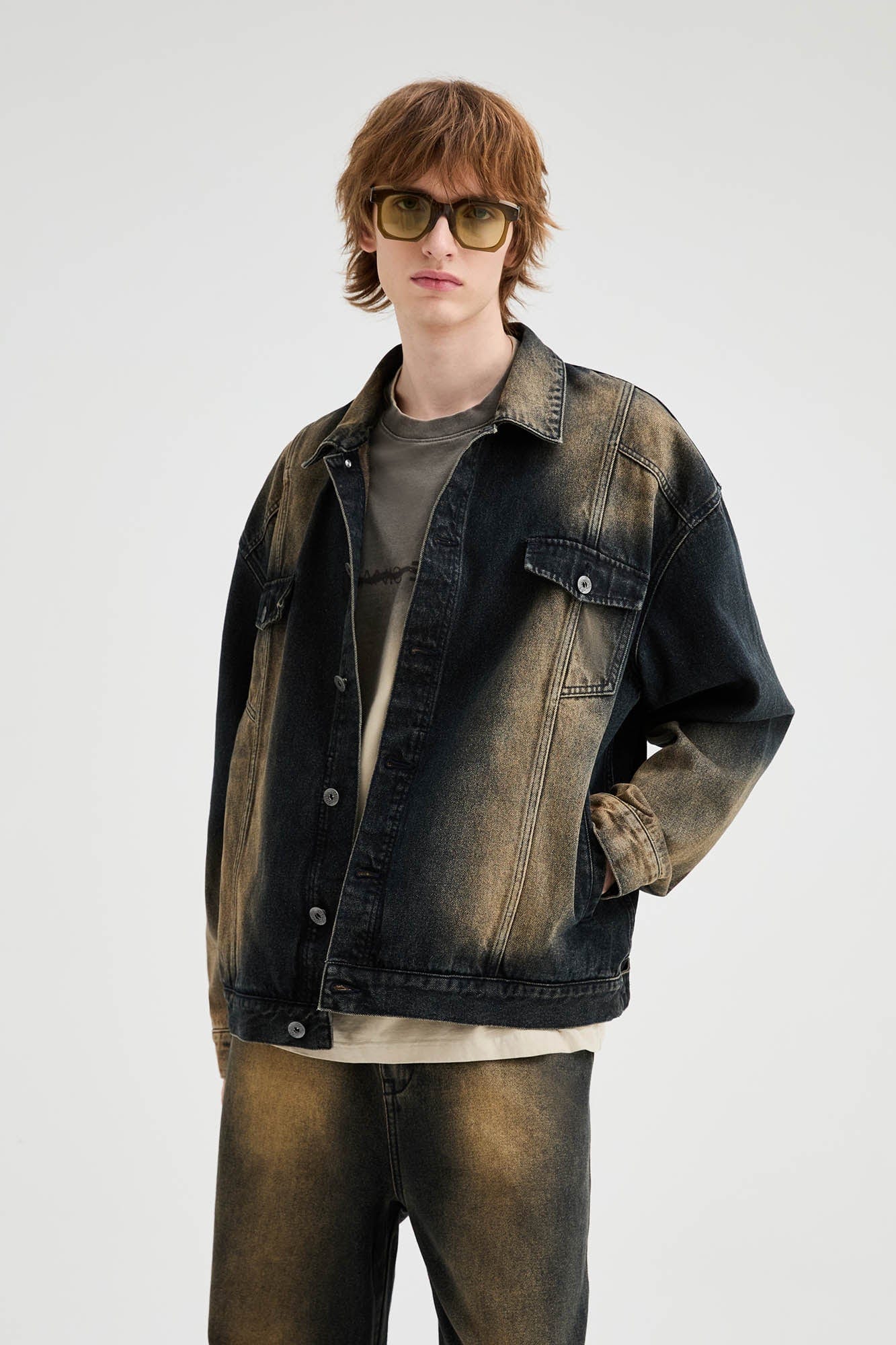 ORGANIC EMOTION Faded Spliced Pocket Denim Jacket, premium urban and streetwear designers apparel on PROJECTISR.com, ORGANIC EMOTION