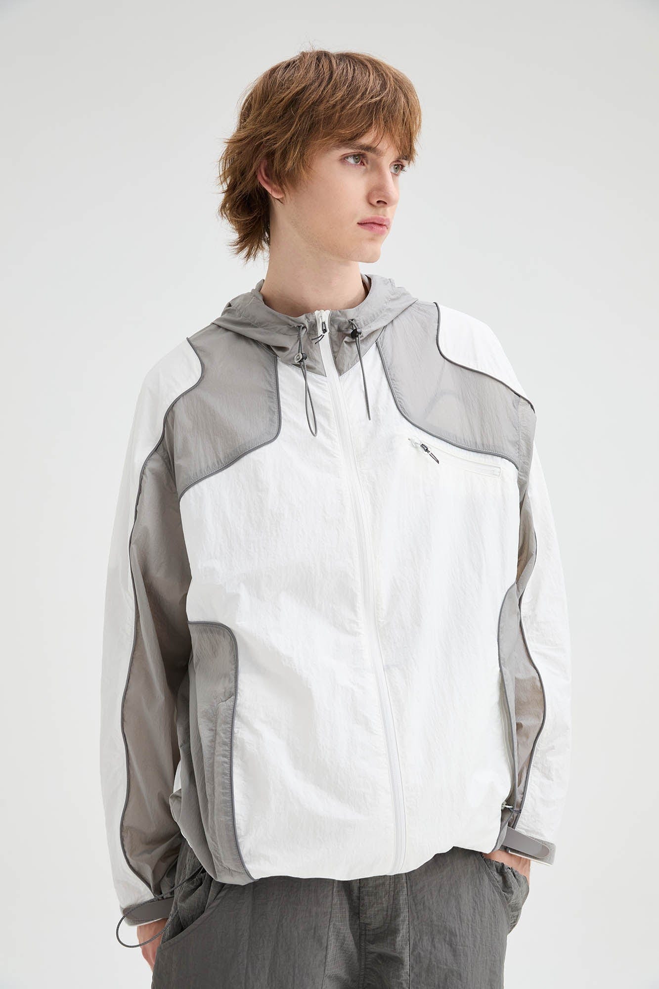 ORGANIC EMOTION Spliced Drawstring UV Protection Light Jacket, premium urban and streetwear designers apparel on PROJECTISR.com, ORGANIC EMOTION
