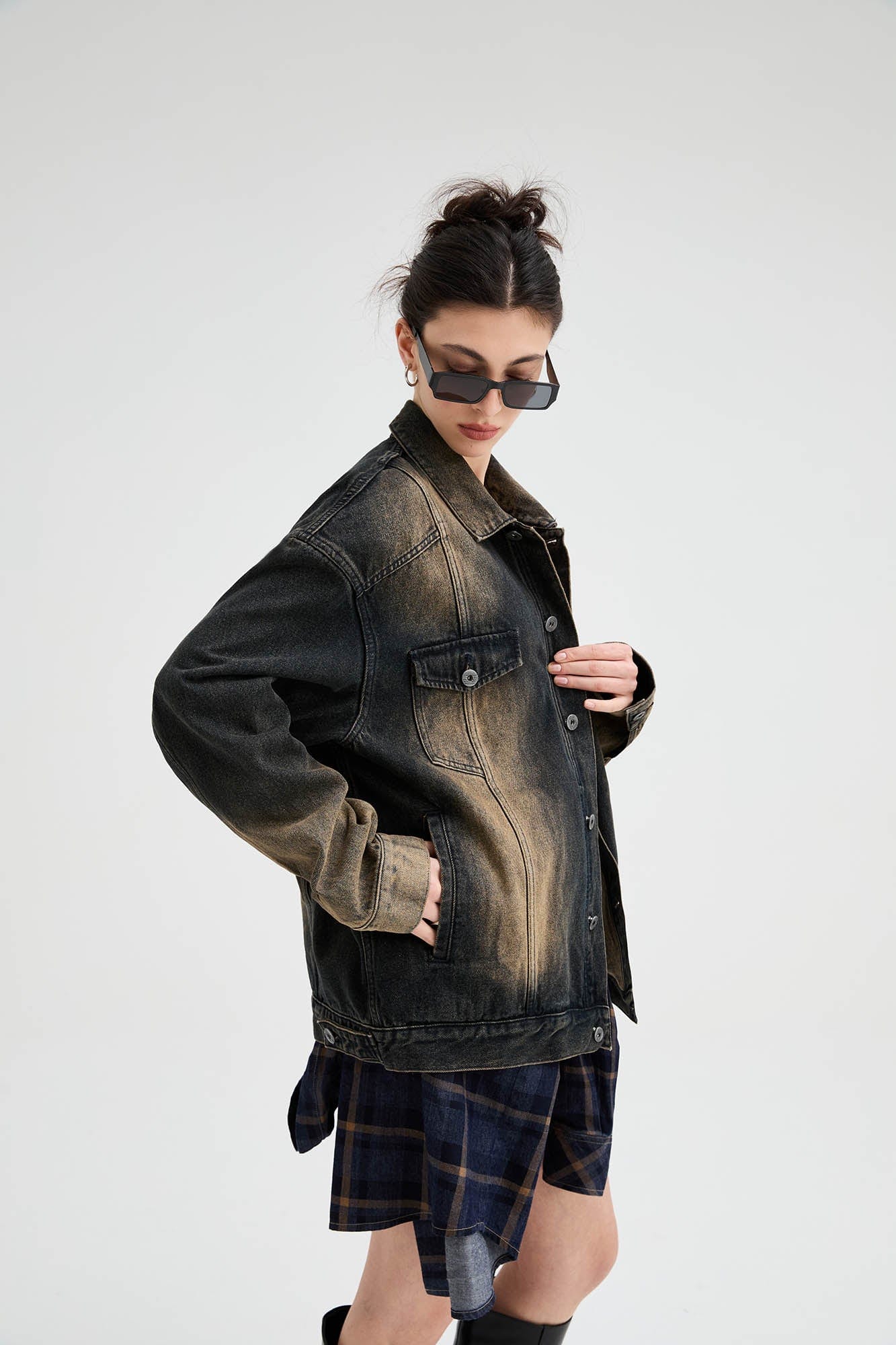 ORGANIC EMOTION Faded Spliced Pocket Denim Jacket, premium urban and streetwear designers apparel on PROJECTISR.com, ORGANIC EMOTION