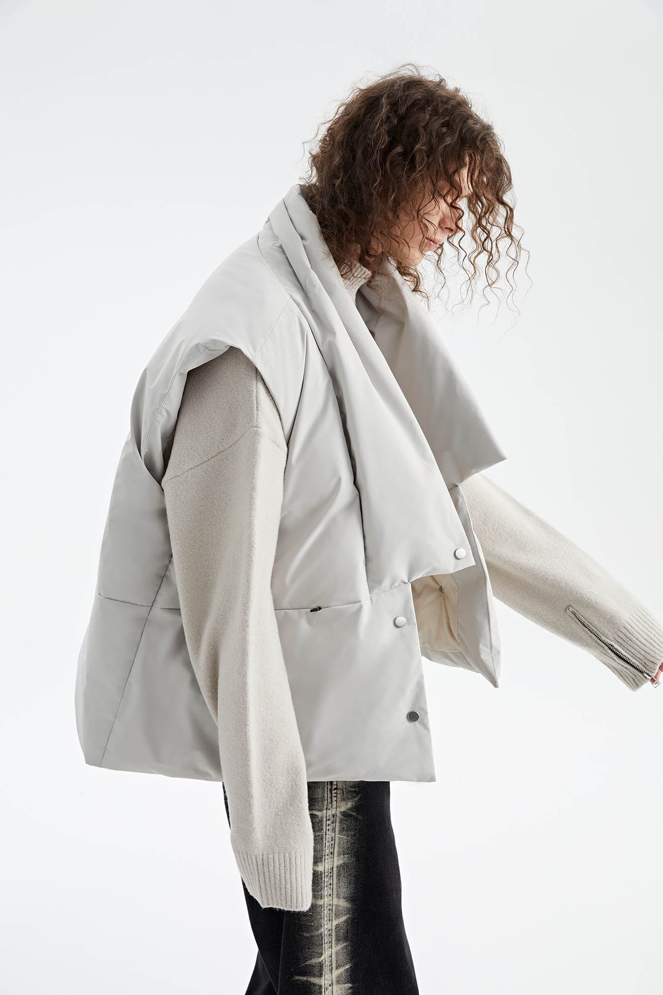 ORGANIC EMOTION Deconstructed Scarf Collar Down Vest, premium urban and streetwear designers apparel on PROJECTISR.com, ORGANIC EMOTION