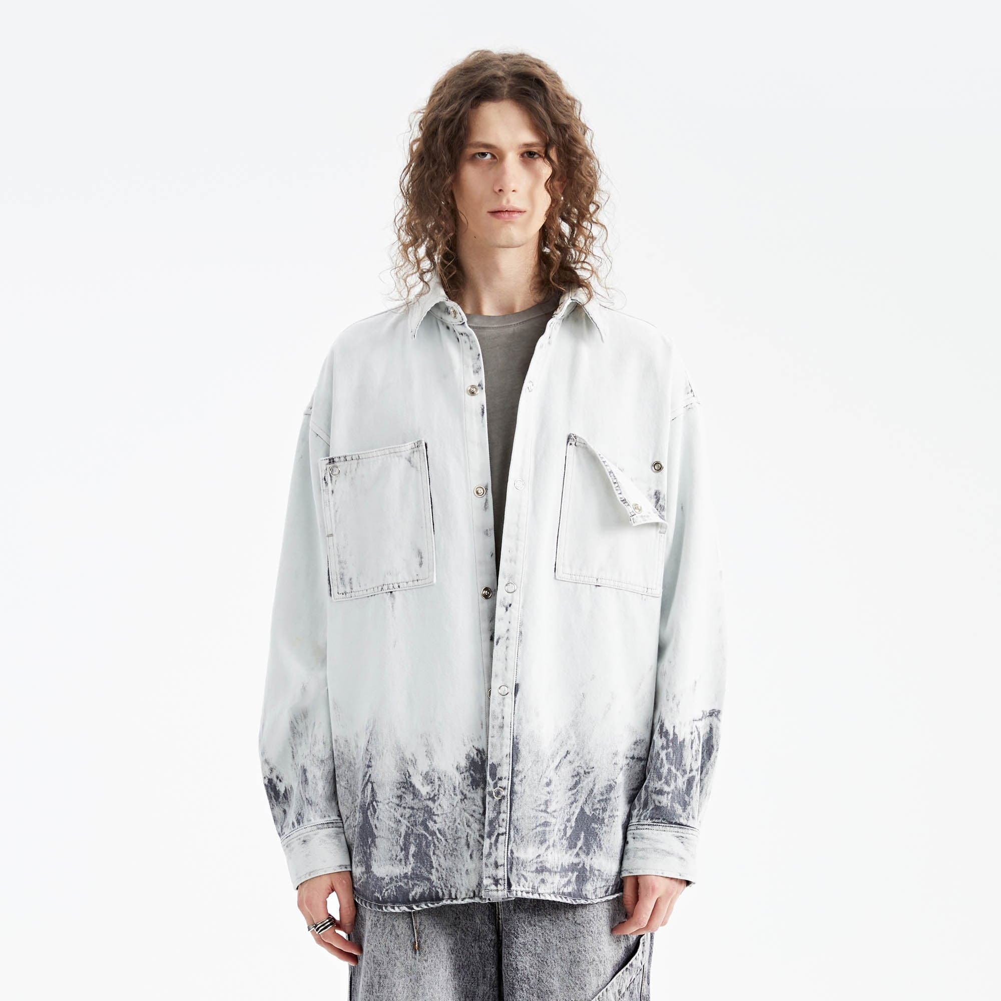 ORGANIC EMOTION Distressed Snow Mountain Tie-Dye Denim Shirt, premium urban and streetwear designers apparel on PROJECTISR.com, ORGANIC EMOTION