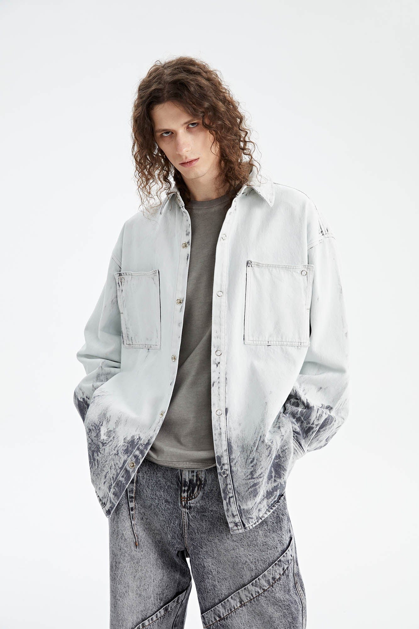 ORGANIC EMOTION Distressed Snow Mountain Tie-Dye Denim Shirt, premium urban and streetwear designers apparel on PROJECTISR.com, ORGANIC EMOTION
