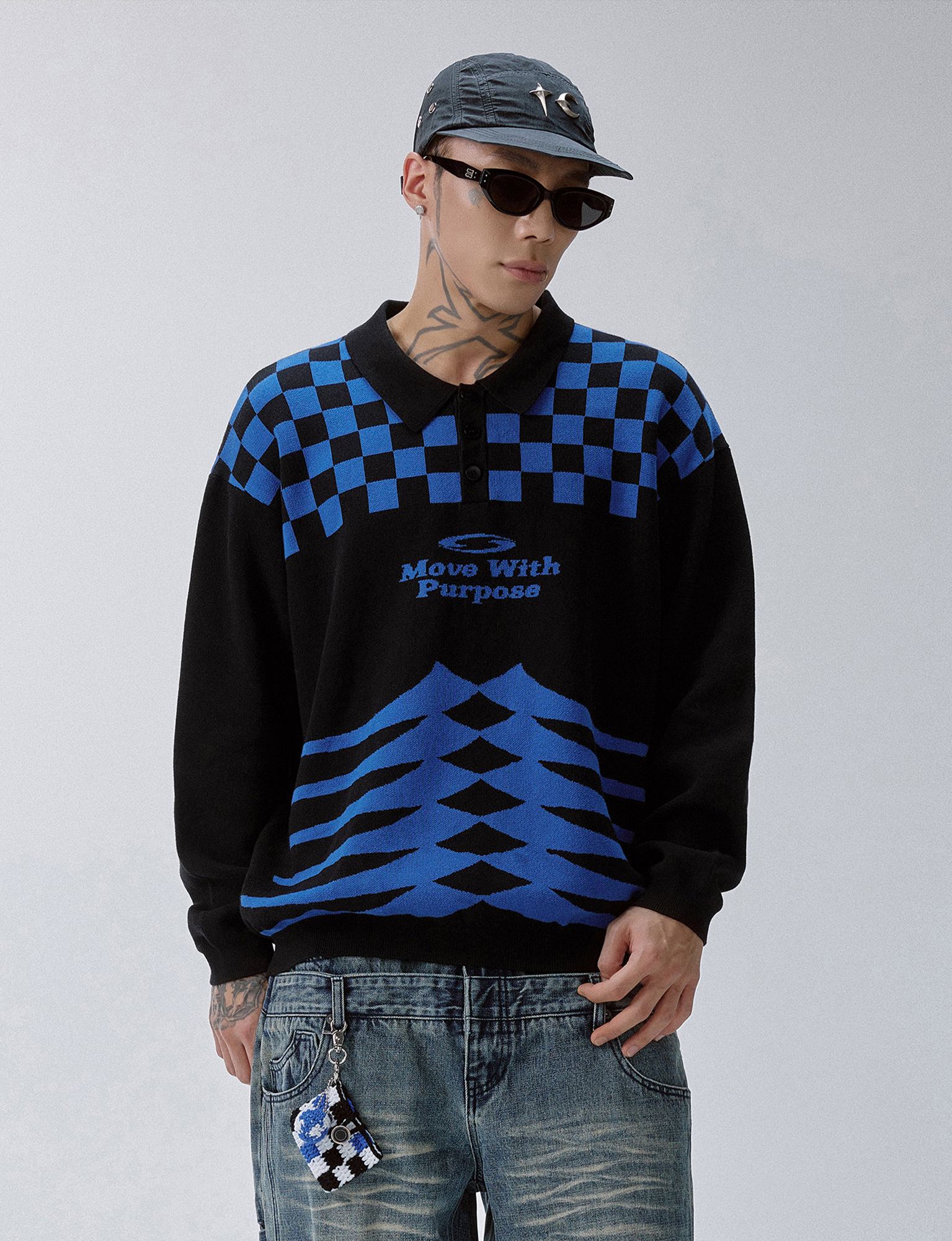 F2CE Slogan Contrast Checkerboard Jacquard Knit Polo