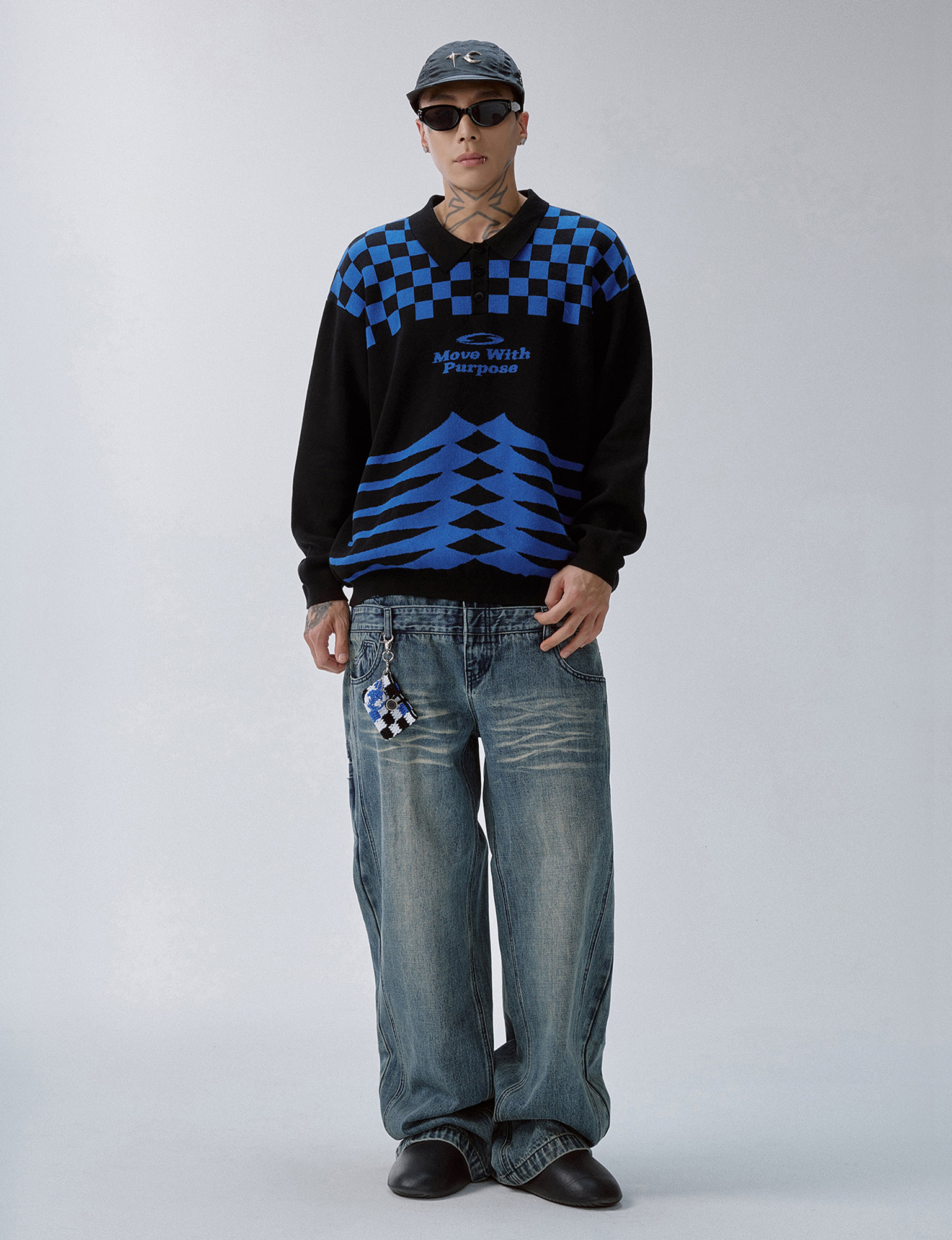 F2CE Slogan Contrast Checkerboard Jacquard Knit Polo