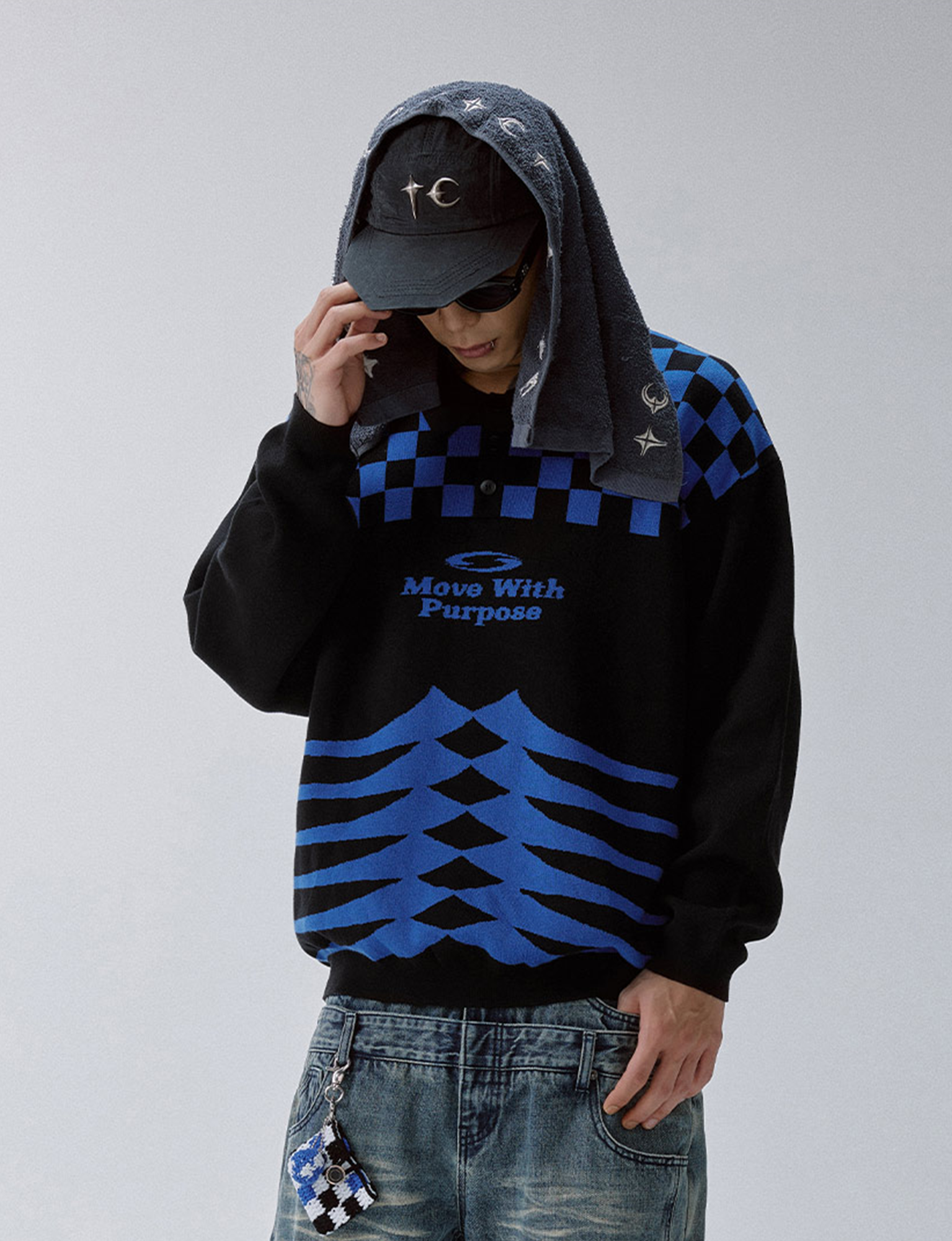 F2CE Slogan Contrast Checkerboard Jacquard Knit Polo