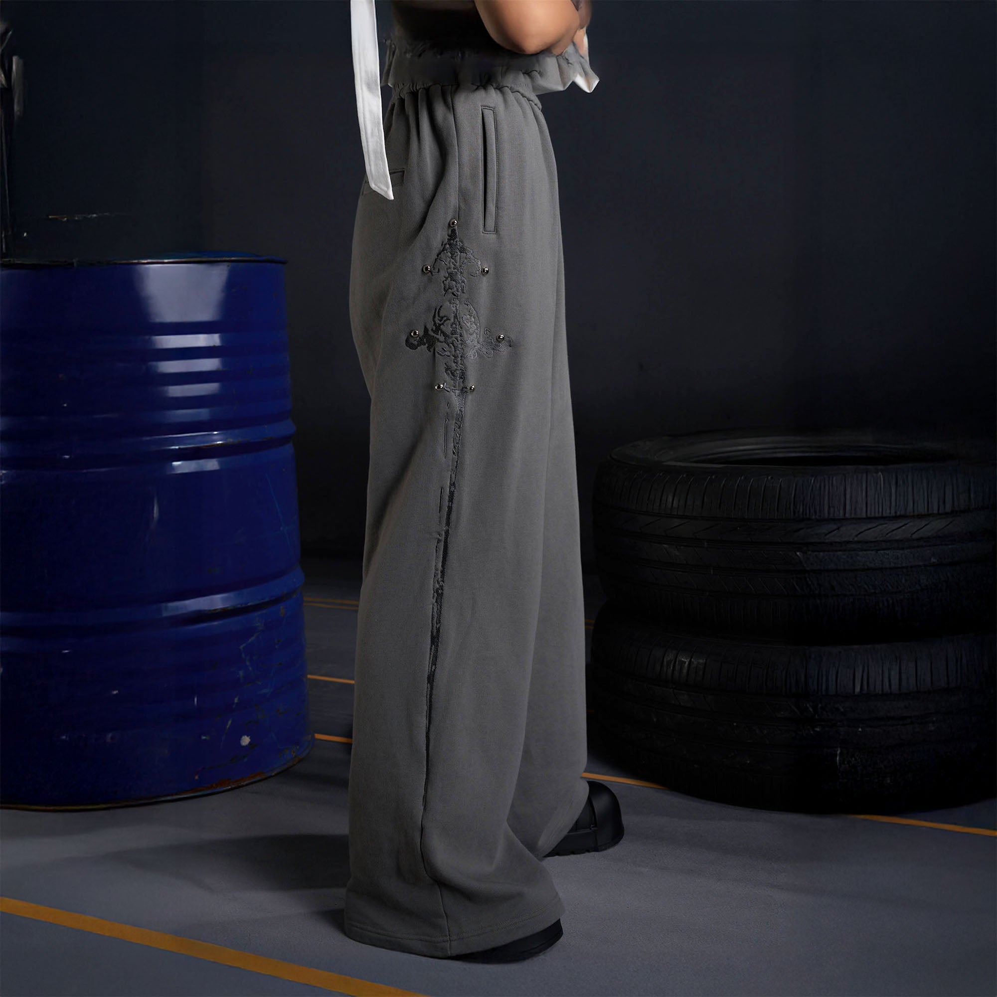 RECOVER ZONE Embroidered Sword Studded Wide-Leg Sweatpants, premium urban and streetwear designers apparel on PROJECTISR.com, RECOVER ZONE