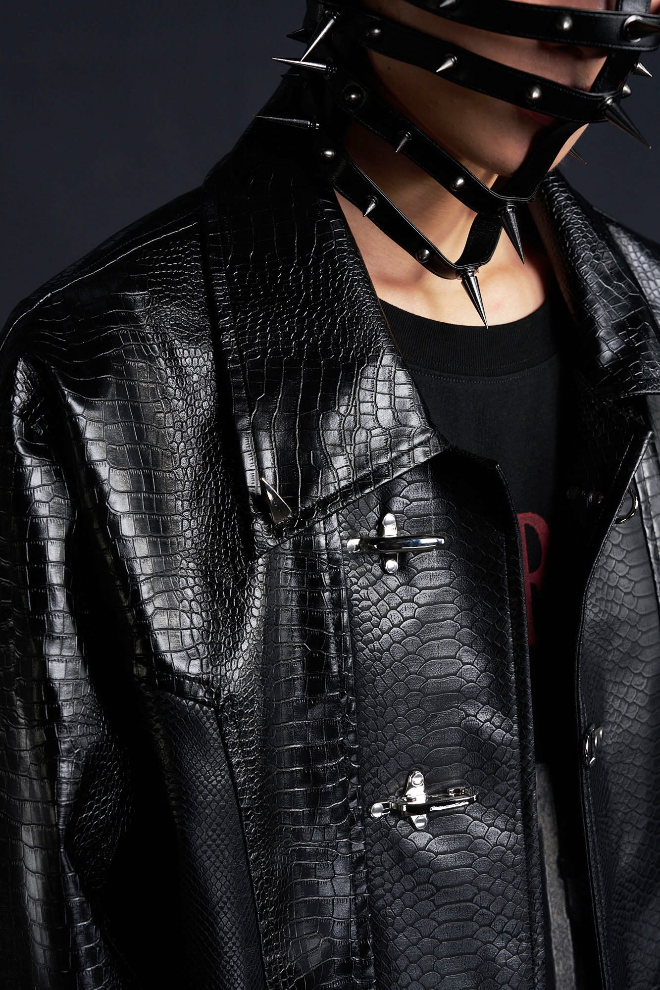 RECOVER ZONE Faux Croc Embossed Hoop-Buckles Jacket, premium urban and streetwear designers apparel on PROJECTISR.com, RECOVER ZONE