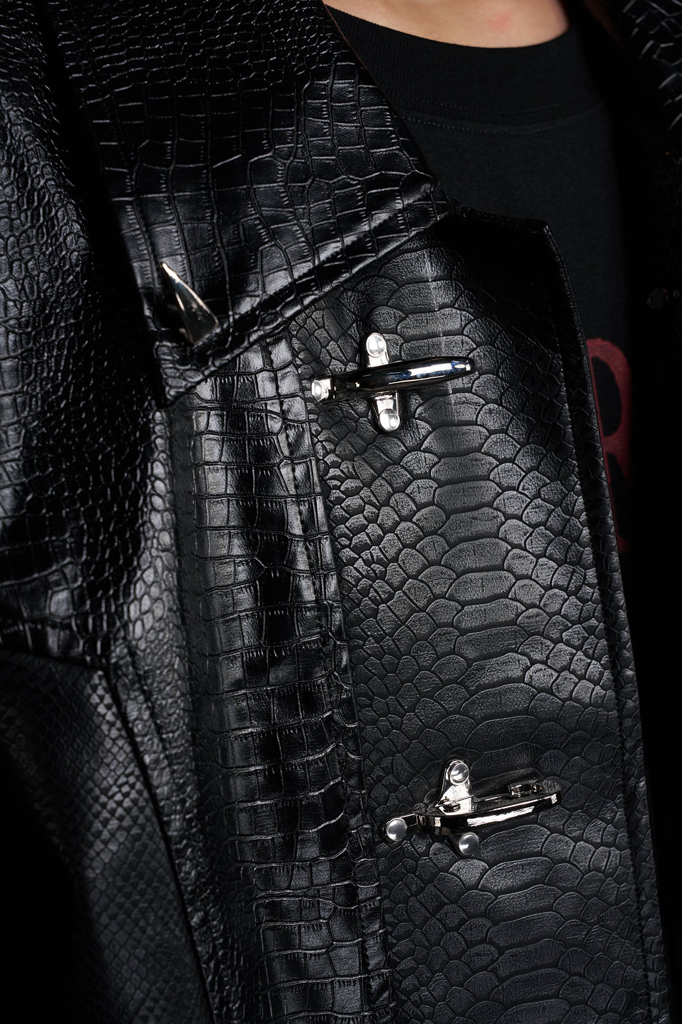 RECOVER ZONE Faux Croc Embossed Hoop-Buckles Jacket, premium urban and streetwear designers apparel on PROJECTISR.com, RECOVER ZONE