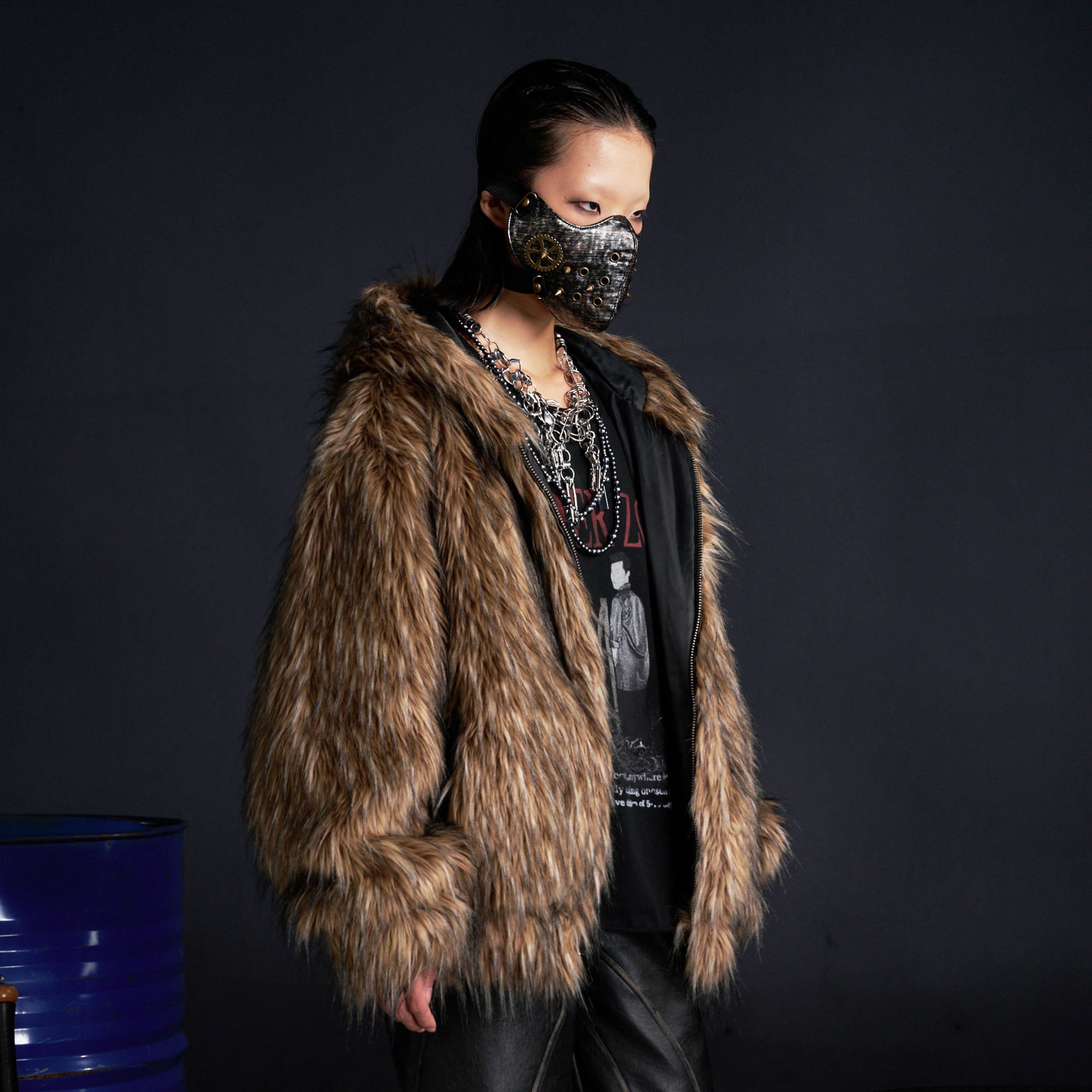 RECOVER ZONE Devil Horns Hood Detachable Strap Faux Fur Jacket, premium urban and streetwear designers apparel on PROJECTISR.com, RECOVER ZONE