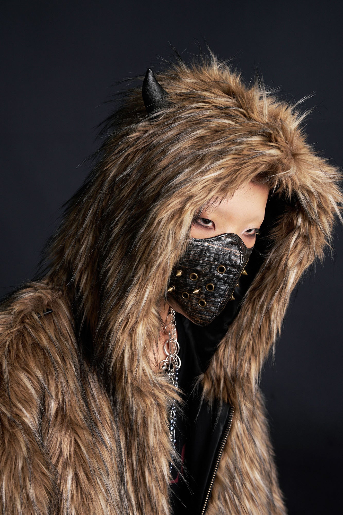 RECOVER ZONE Devil Horns Hood Detachable Strap Faux Fur Jacket, premium urban and streetwear designers apparel on PROJECTISR.com, RECOVER ZONE