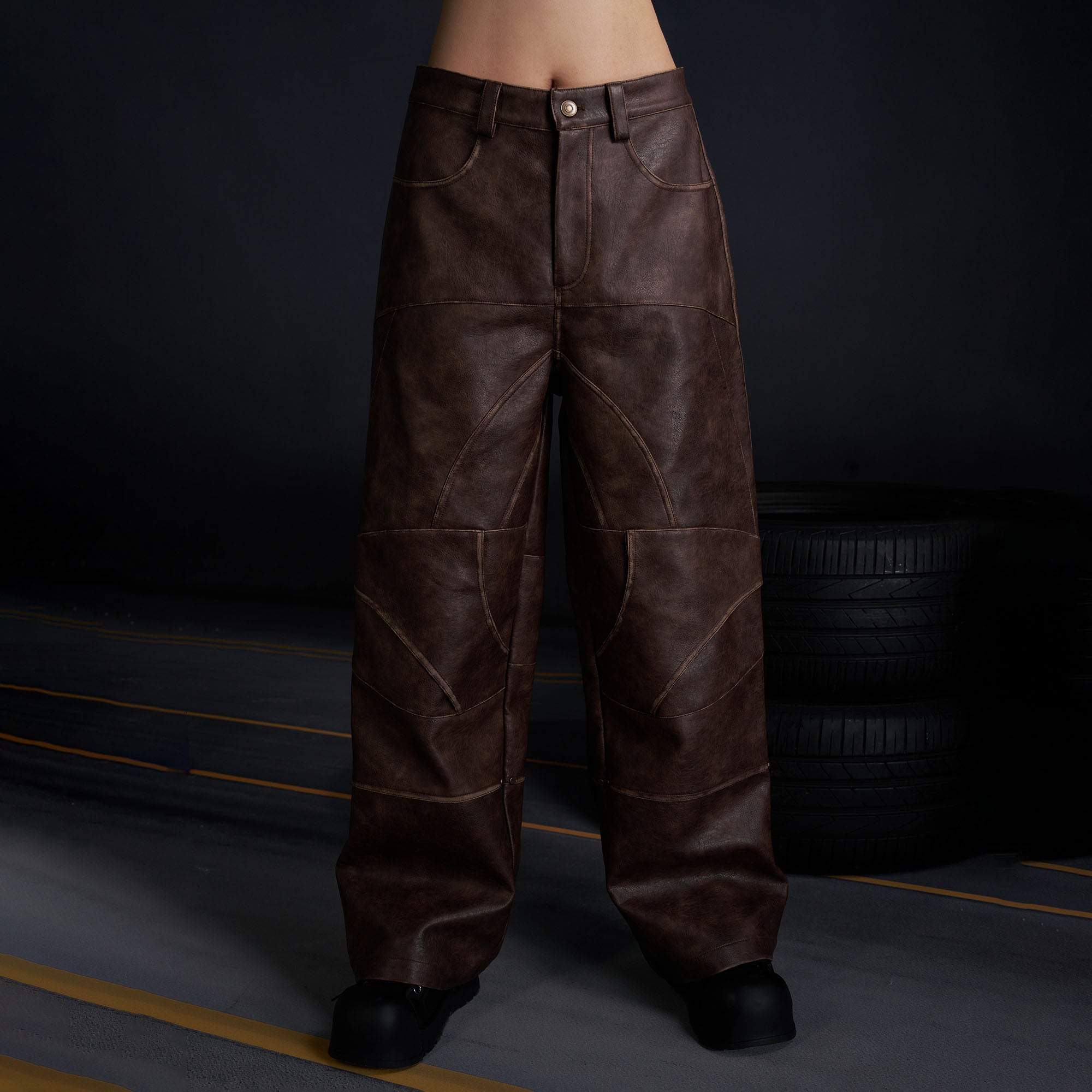 RECOVER ZONE Deconstructed Paneled Faux Leather Wide-Leg Pants, premium urban and streetwear designers apparel on PROJECTISR.com, RECOVER ZONE