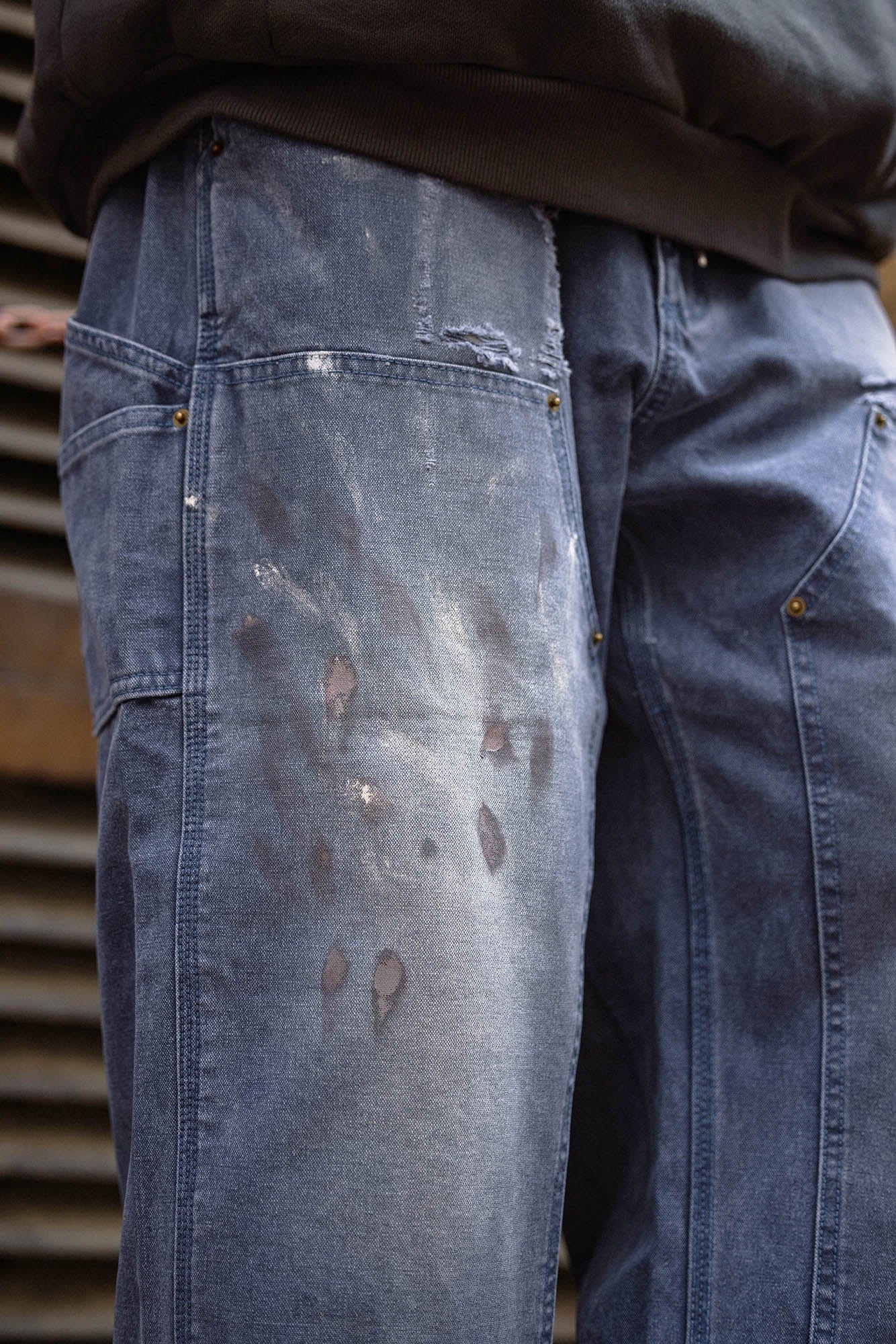 BANANA CLUB Distressed Paint-Splattered Double Knee Jeans, premium urban and streetwear designers apparel on PROJECTISR.com, BANANA CLUB