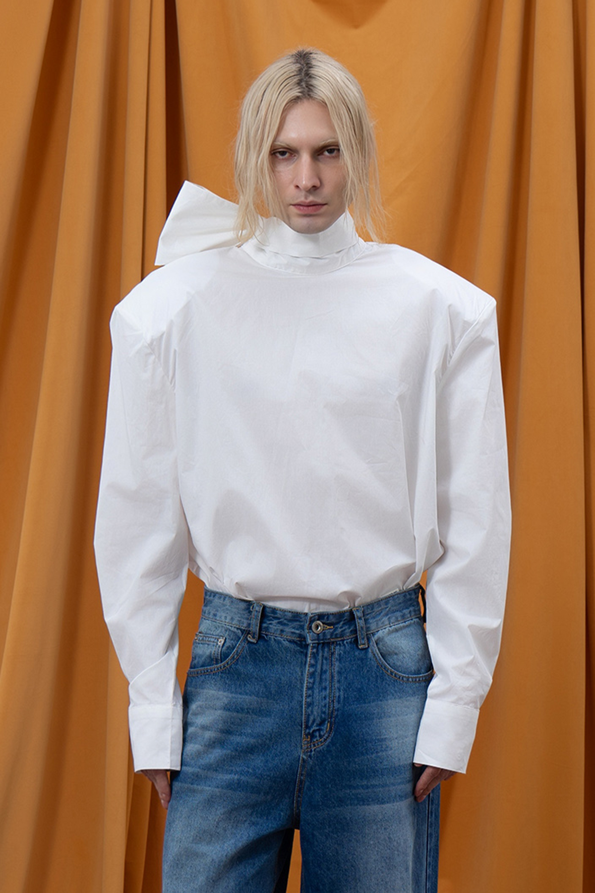 CLP Padded-Shoulder Tie-Back Mandarin Collar Shirt