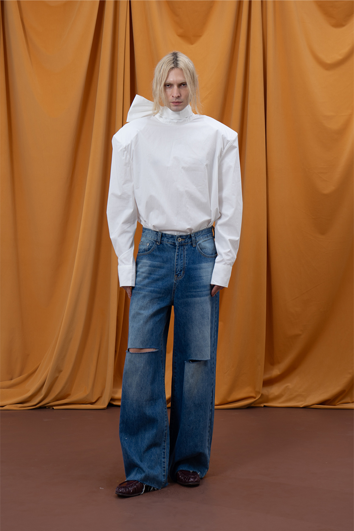 CLP Padded-Shoulder Tie-Back Mandarin Collar Shirt