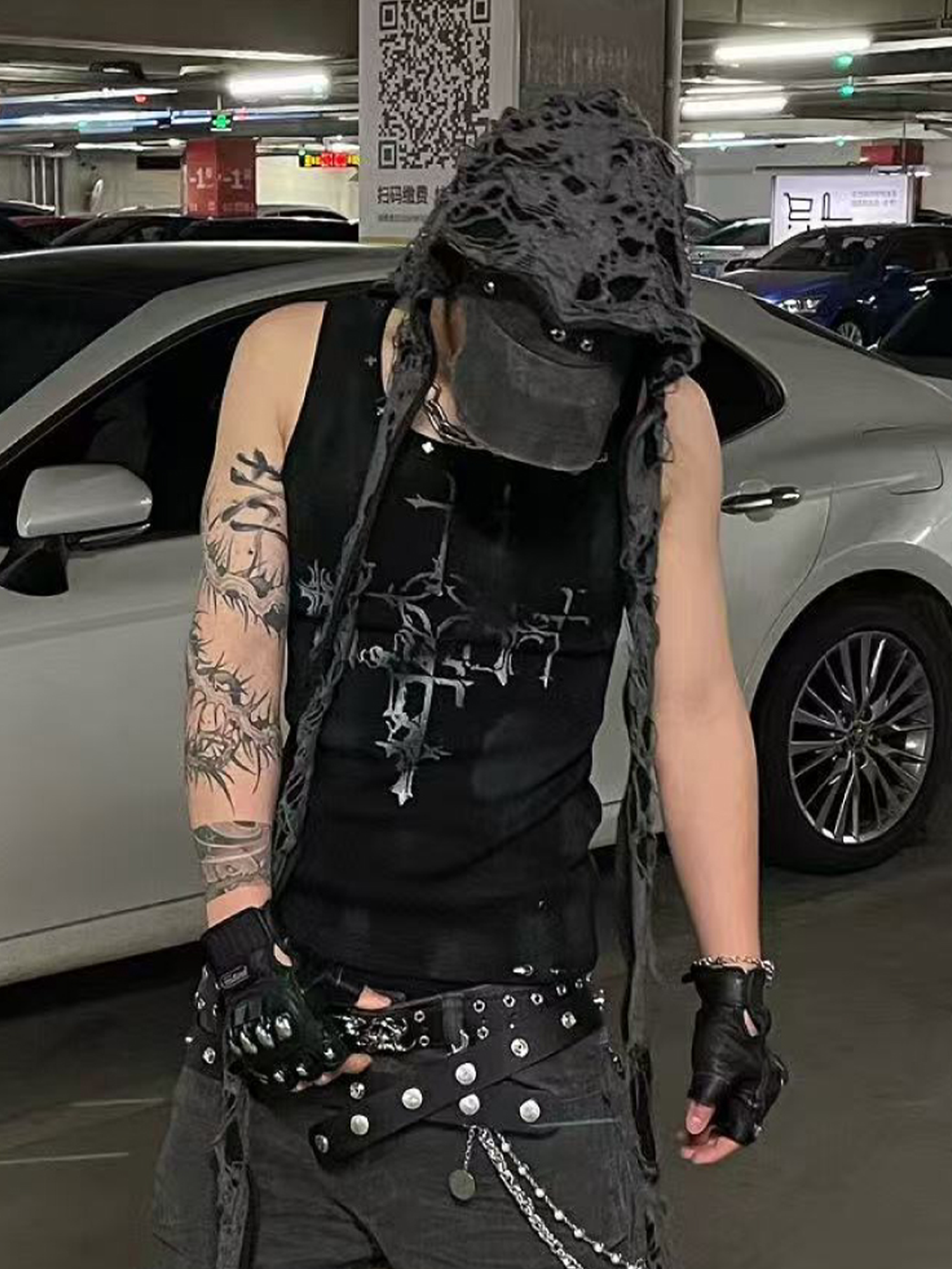 TH4SWE Retro Gothic Cross Graphic Studded Tank Top
