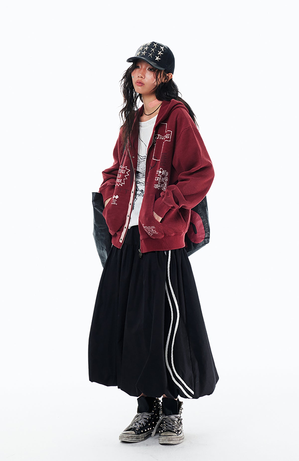 1997 POSTOFFICE Punk Graffiti Waffle-Knit Zip-Up Hoodie