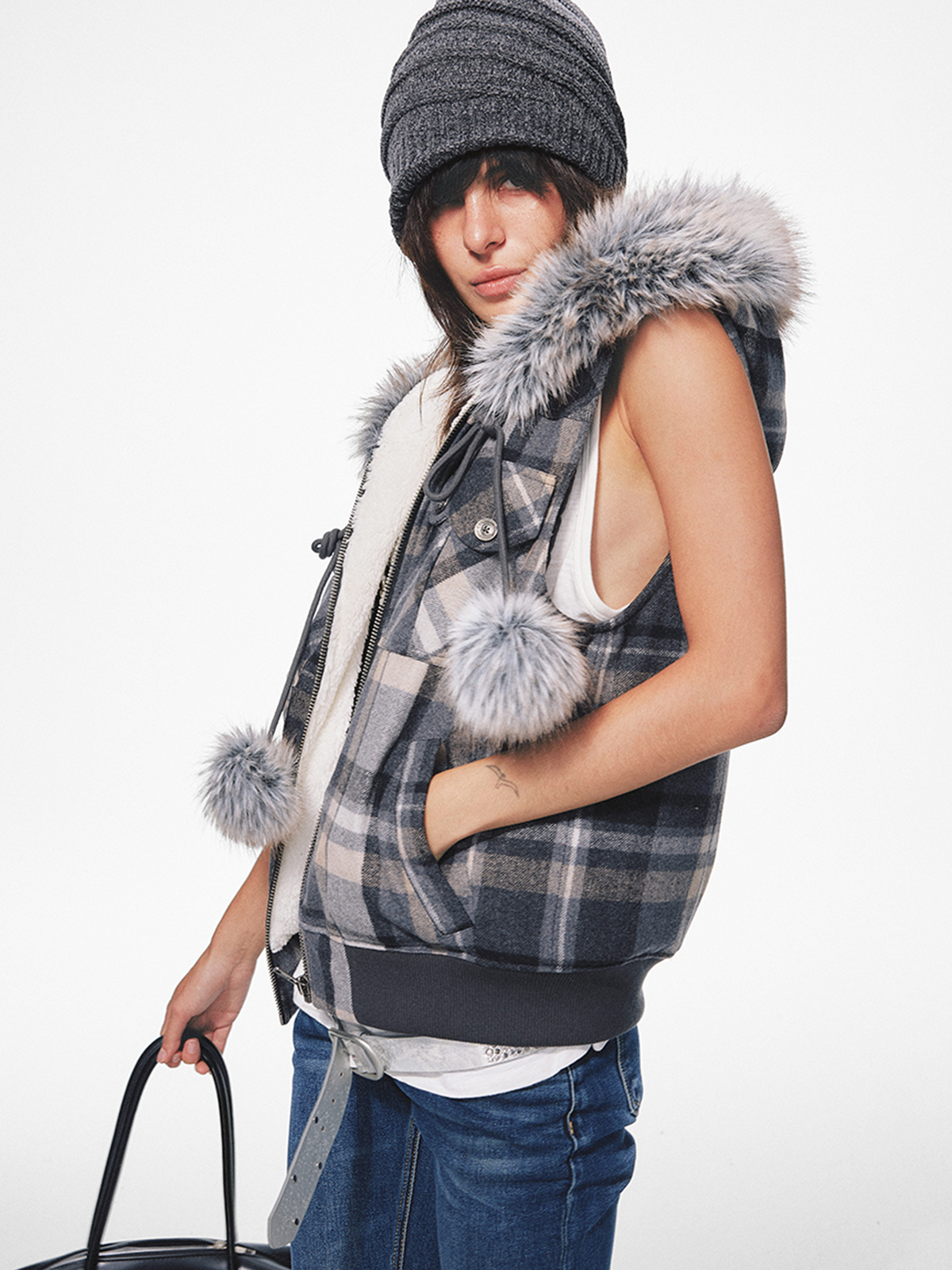 TRECLUB Retro Plaid Hooded Faux Fur Collar Vest