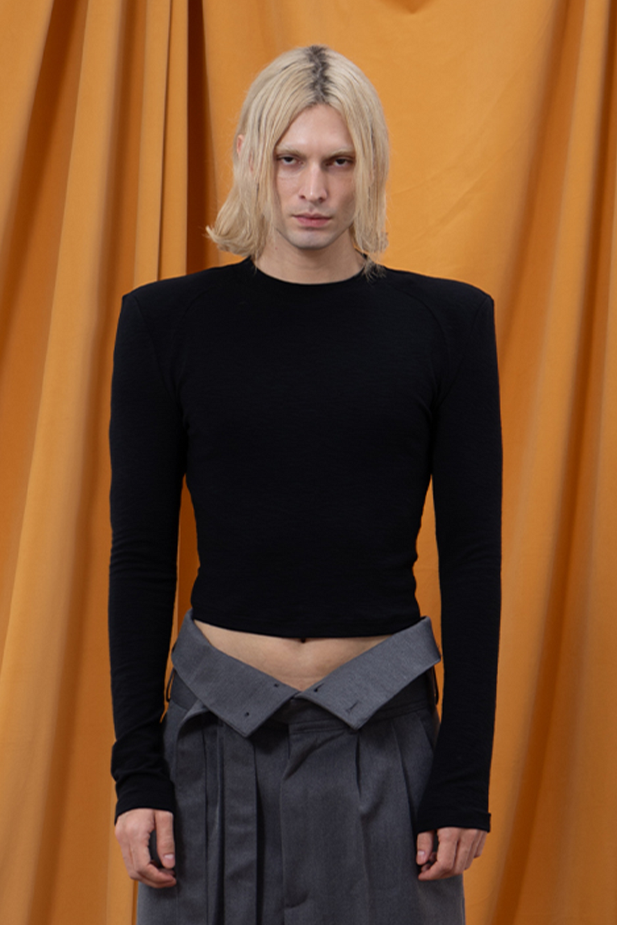 CLP Shoulder-Padded Cropped Long-Sleeve Tee