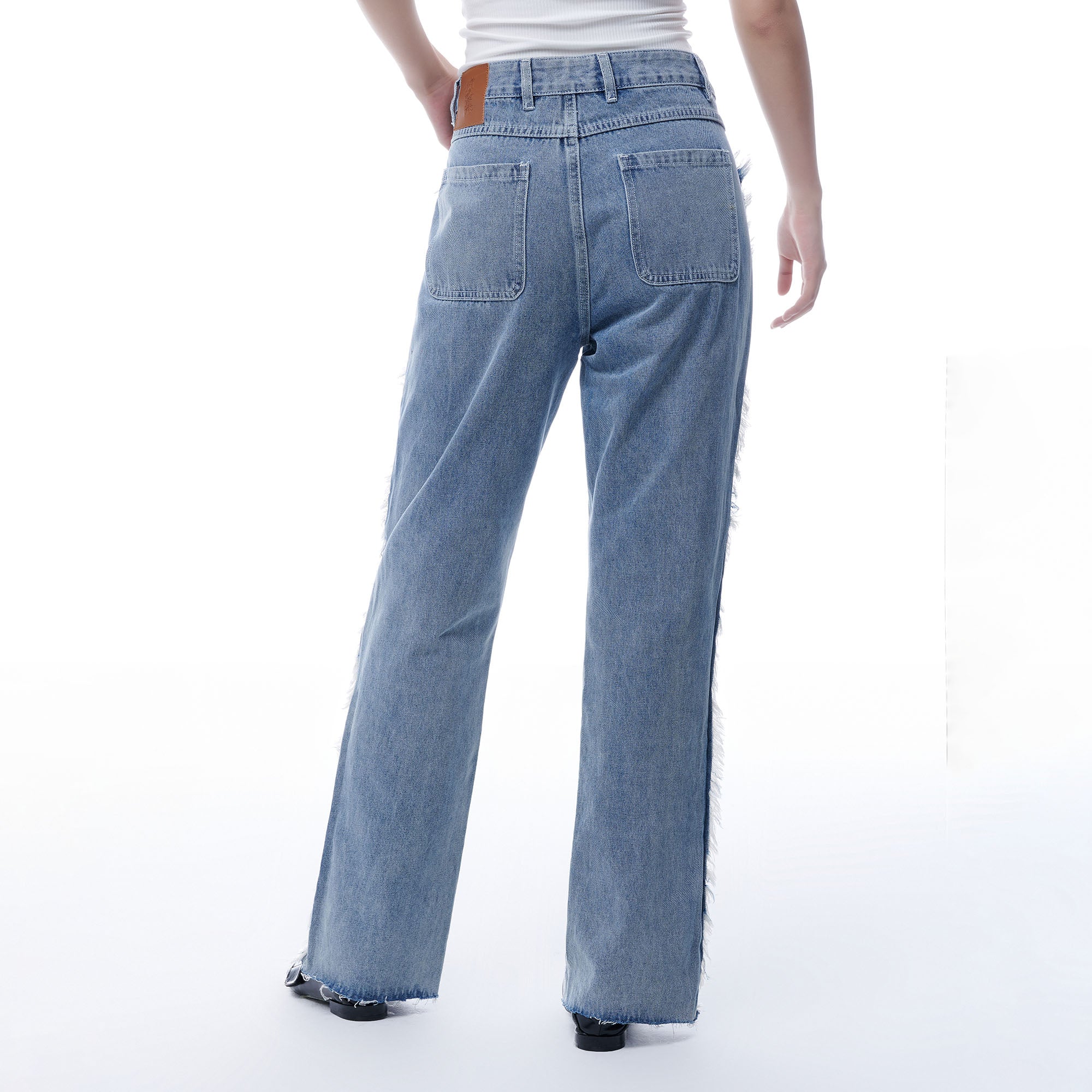 TUIMU Fringe-Trim Straight-Leg Washed Jeans, premium urban and streetwear designers apparel on PROJECTISR.com, TUIMU